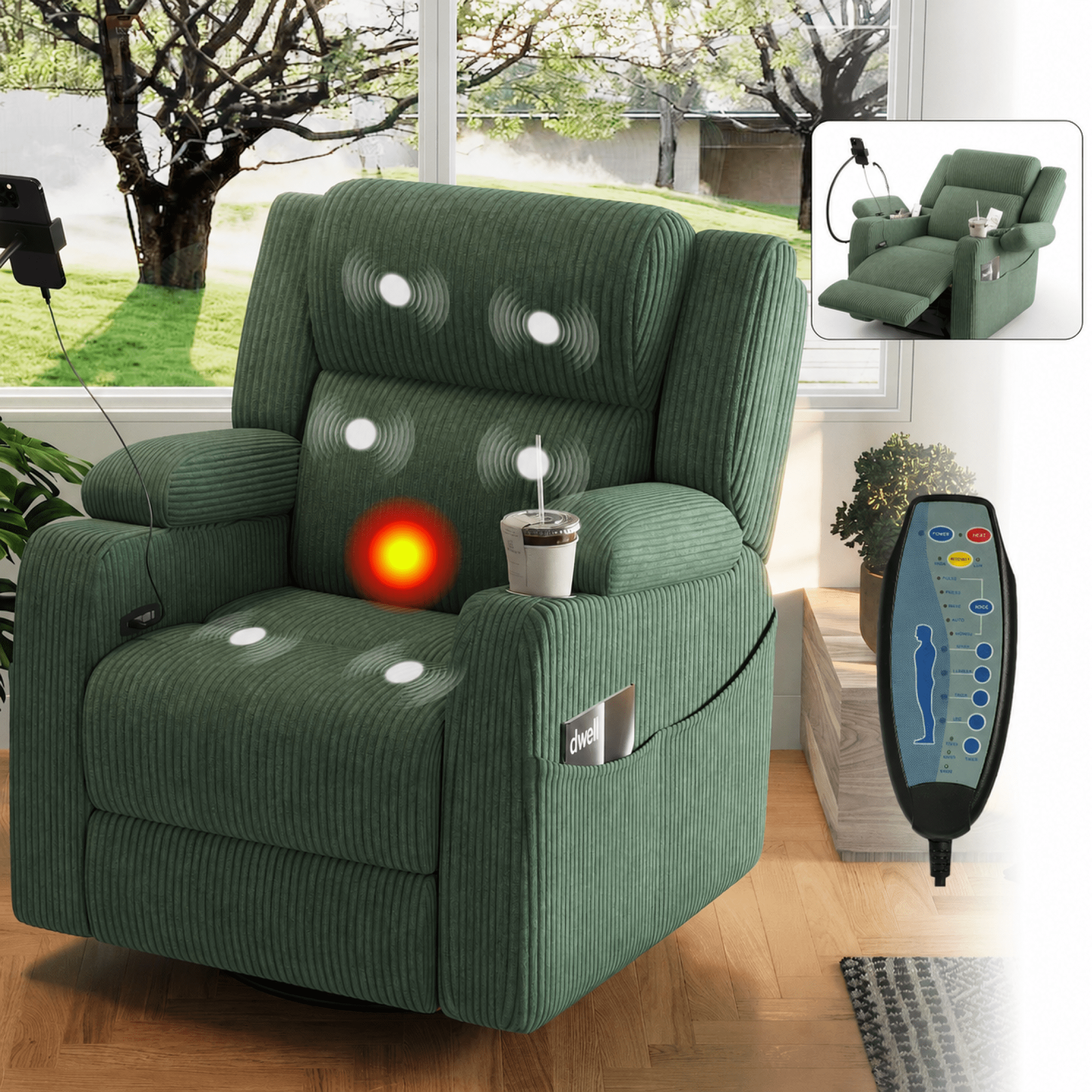 Leumius Recliner Chair with Heat and Massage,270° Swivel Rocker Recliner with Phone Holder & USB Ports,Single Rocker Sofa Nursery Glider with Hidden Storage, Side Pockets, Cup Holder,Green