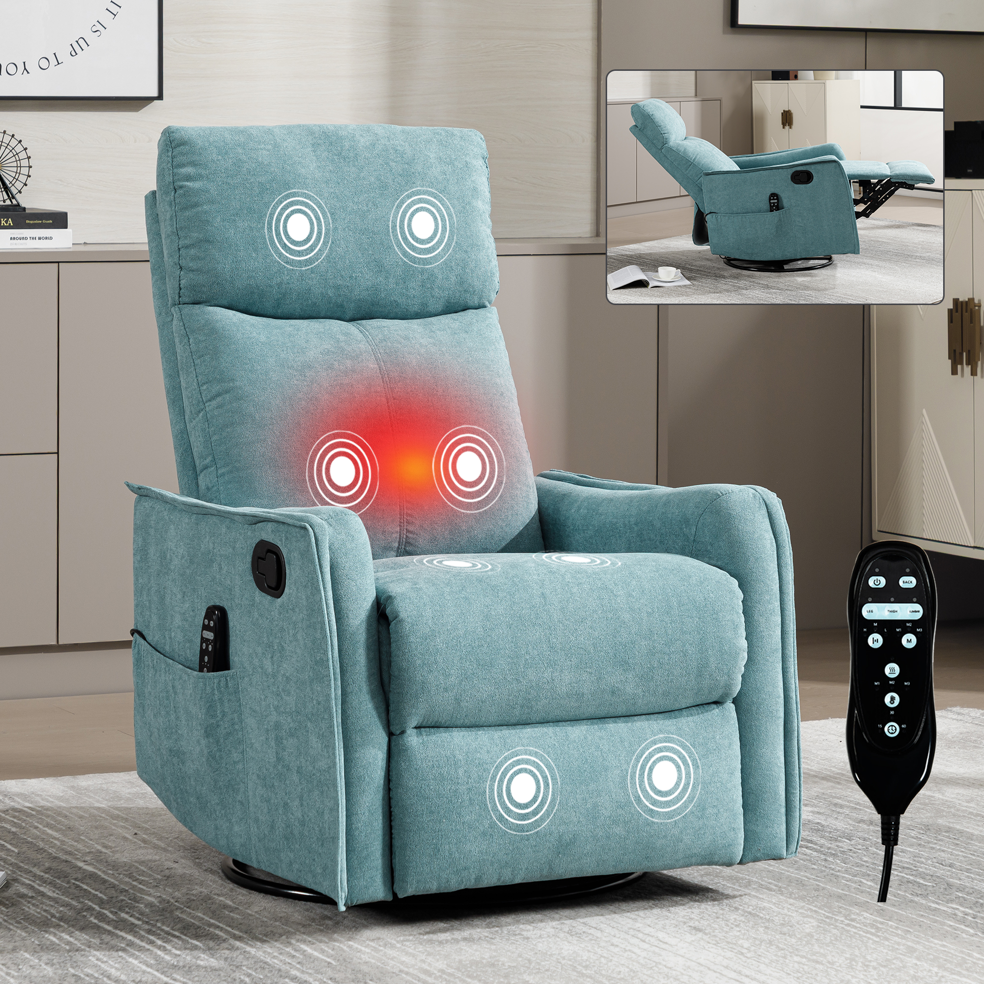 Leumius Recliner Chair with Massage and Heat,360° Manual Swivel Rocker Chair for Adults,Upholstered Fabric Glider Recliner Nursery Chair with Side Pockets for Living Room,Antique Blue Green