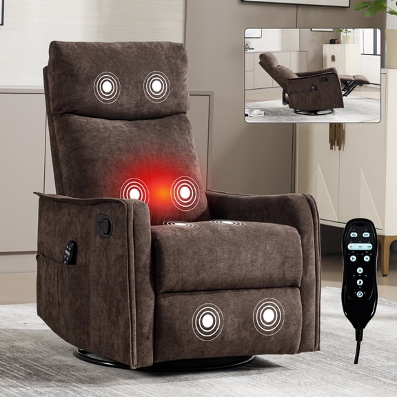 Leumius Recliner Chair with Massage and Heat,360° Manual Swivel Rocker Chair for Adults,Upholstered Fabric Glider Recliner Nursery Chair with Side Pockets for Living Room,Brown