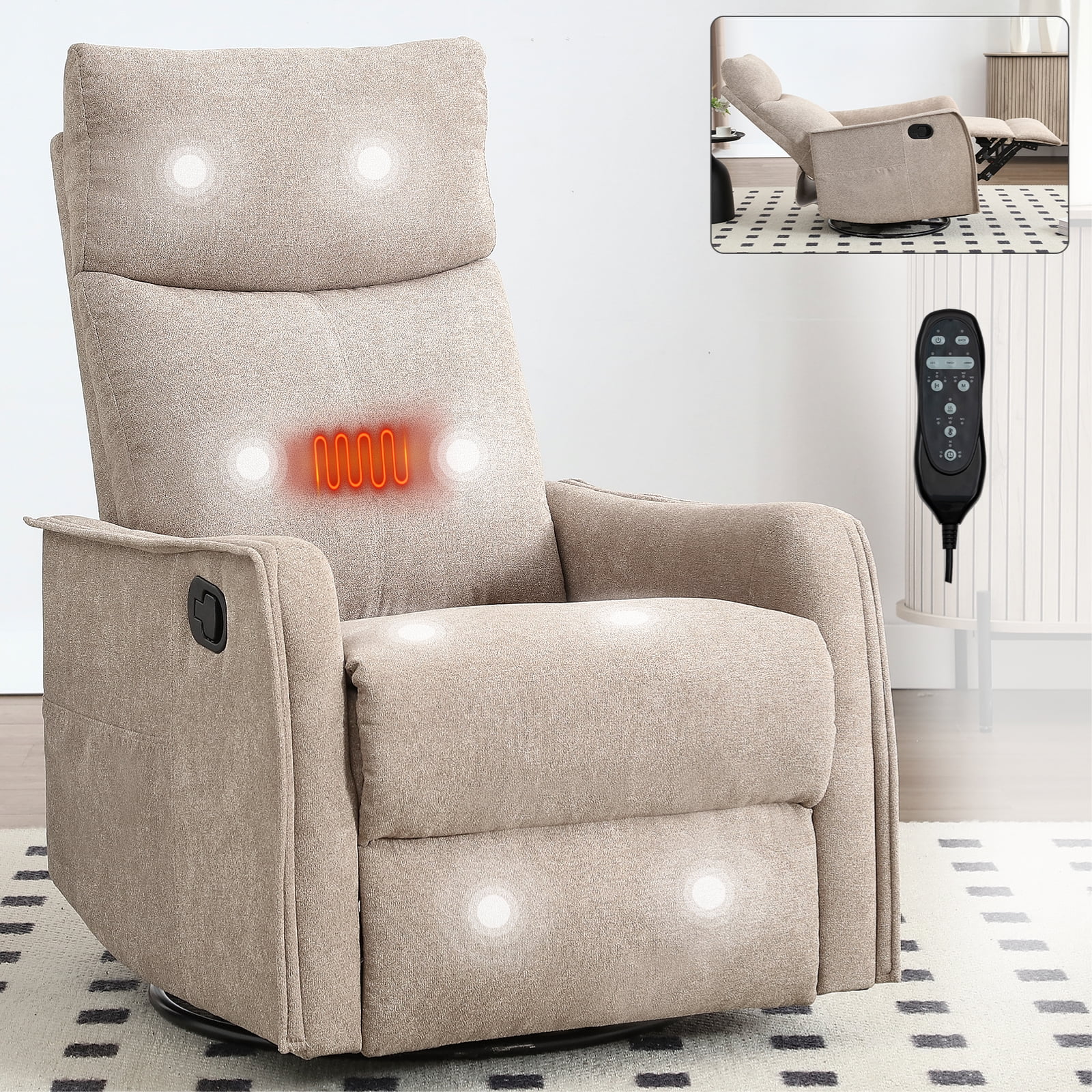 Leumius Recliner Chair with Massage and Heat,360° Manual Swivel Rocker Chair for Adults,Upholstered Fabric Glider Recliner Nursery Chair with Side Pockets for Living Room,Khaki