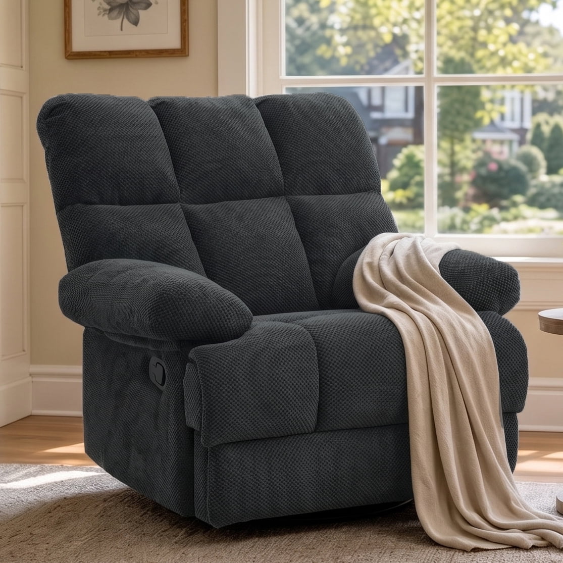 Leumius Recliner Chair,Overstuffed Manual Rocker Recliner Chair with added Footrest,Reclining Chair Single Sofa Ergonomic Lounge Chair Home Theater Seating for Living Room Bedroom,Dark Gray