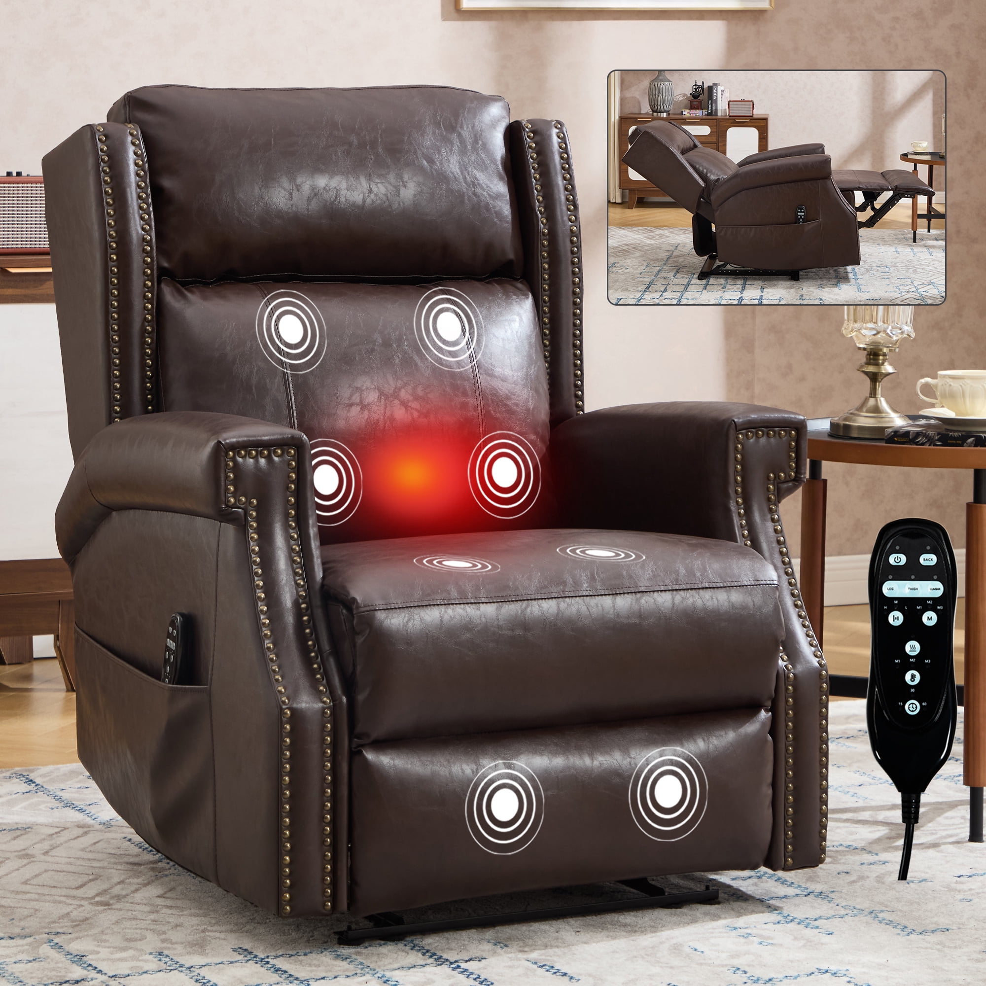 Leumius Recliner Chair for Elderly with Heat and Massage,Heavy Duty Recliners with Side Pockets for Living Room,Antique Brown