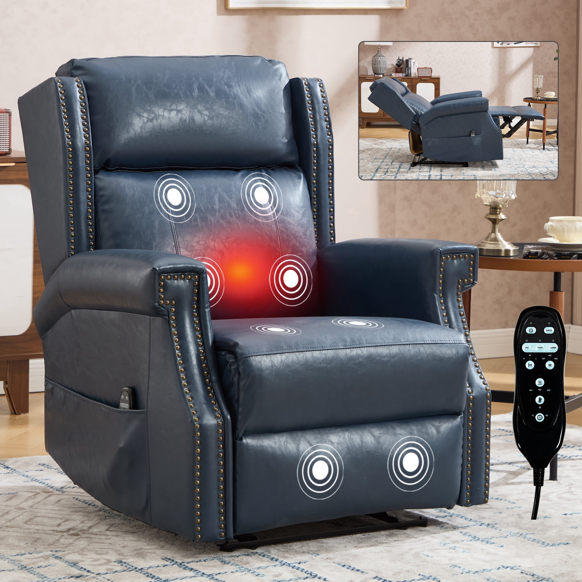 Leumius Recliner Chair for Elderly with Heat and Massage,Heavy Duty Recliners with Side Pockets for Living Room,Blue