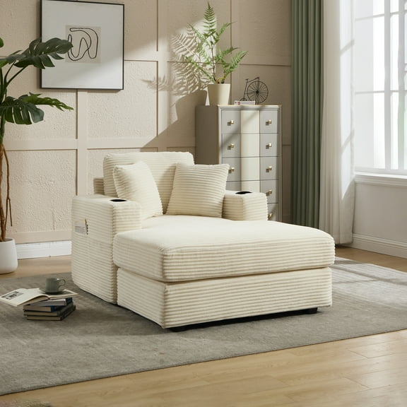 Leumius Chaise Lounge Sofa with Magazine Pocket and Double Cup Holder - Removable Cushions, Ergonomic Corduroy Sofa with Deep Seat, Perfect for Living Room or Home Office,Beige.
