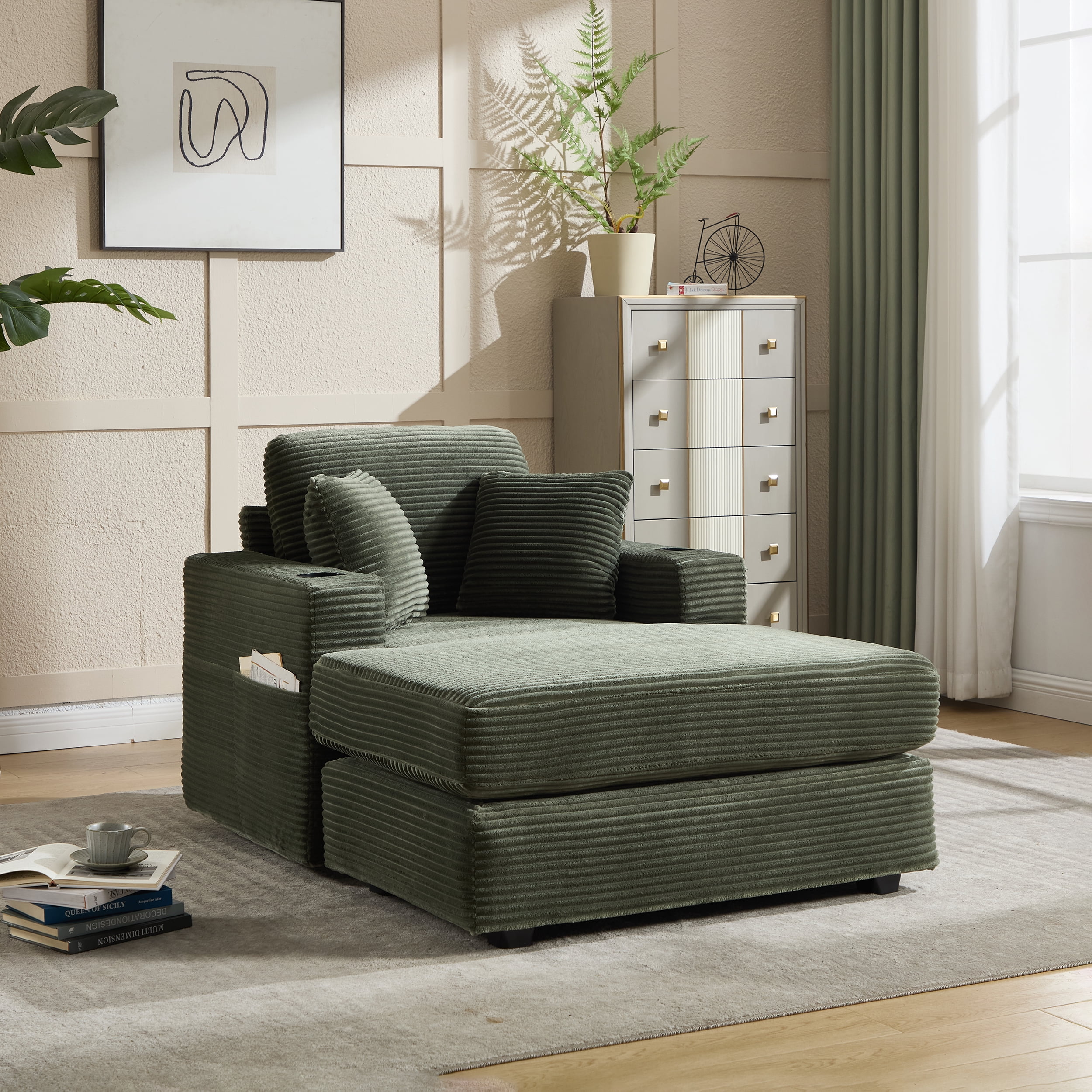 Leumius Chaise Lounge Sofa with Magazine Pocket and Double Cup Holder - Removable Cushions, Ergonomic Corduroy Sofa with Deep Seat, Perfect for Living Room or Home Office,Green.
