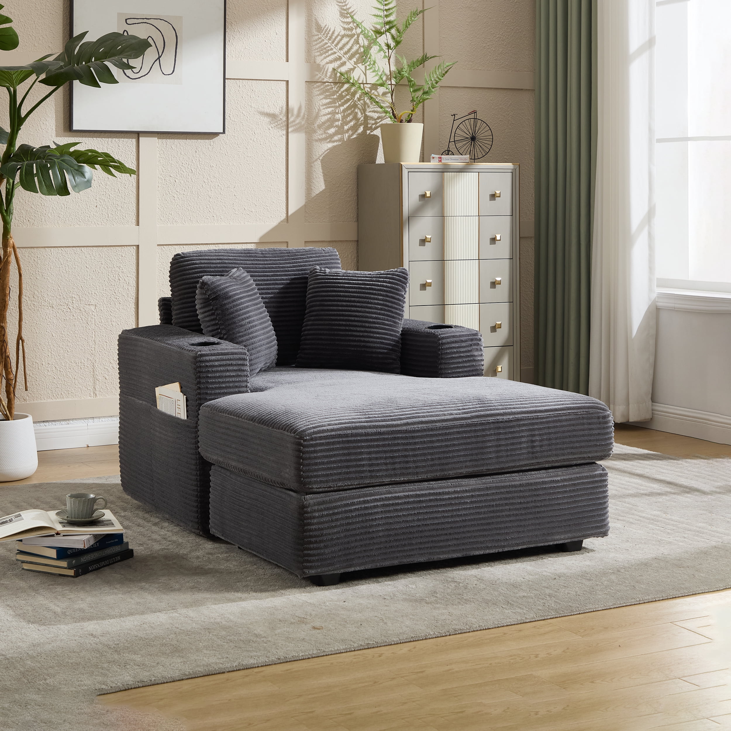 Leumius Chaise Lounge Sofa with Magazine Pocket and Double Cup Holder - Removable Cushions, Ergonomic Corduroy Sofa with Deep Seat, Perfect for Living Room or Home Office,Grey.