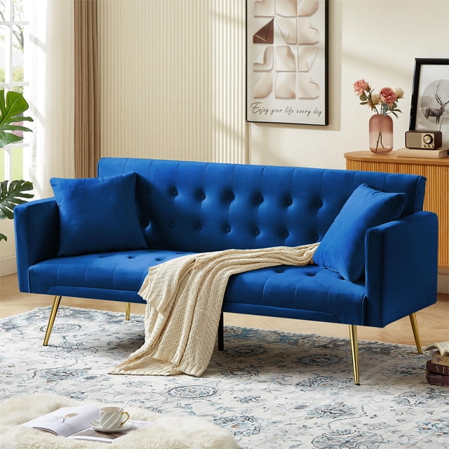 Leumius Velvet Futon Sofa Bed,Adjustable Convertible Folding Sleeper Couch Bed for Compact Living Spaces,Blue