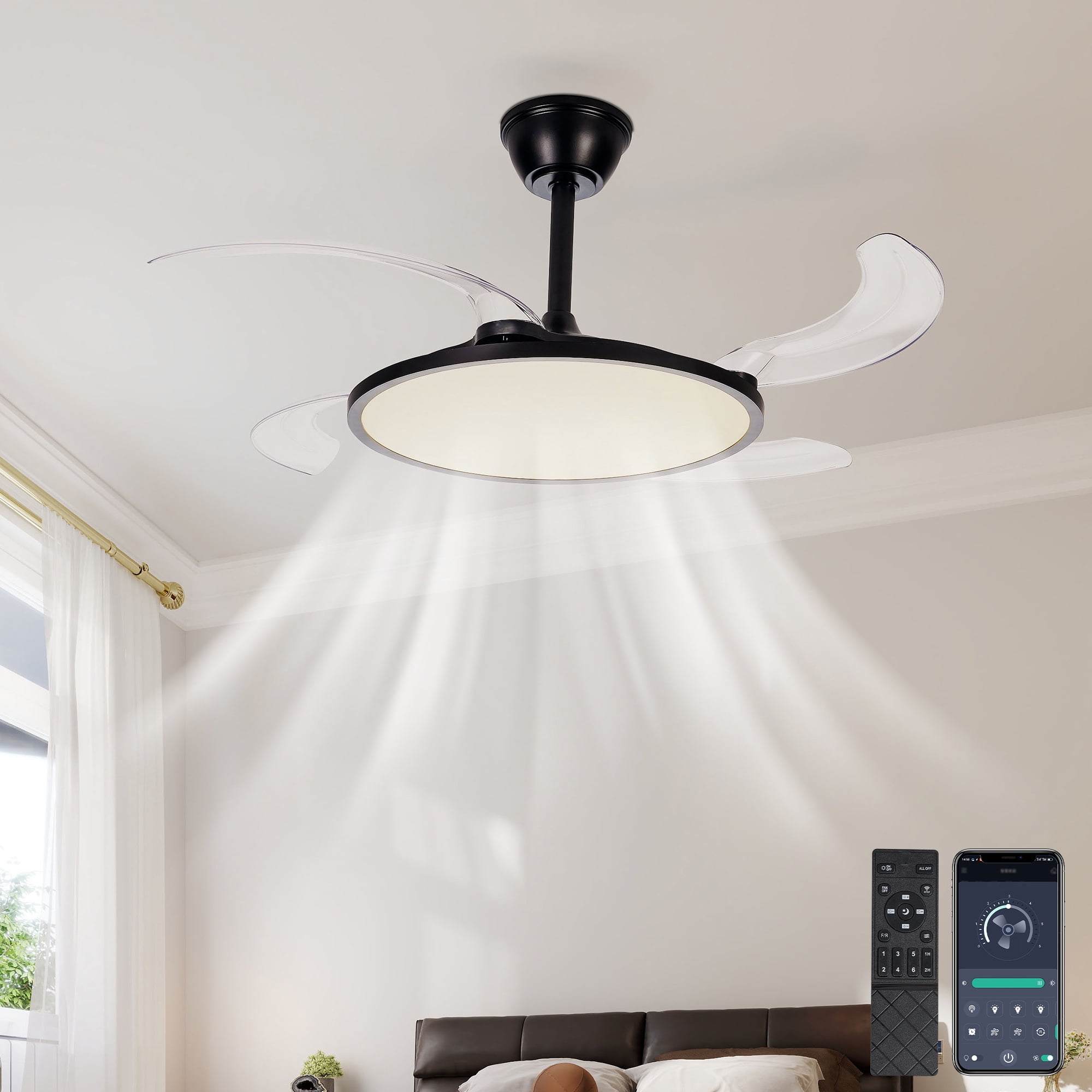 Leumius Retractable Ceiling Fans with Lights,42" Ceiling Fan with Light and Remote Control,Flush Mount,DC Reversible,3CCT,Low Noise,Black Ceiling Fan for Bedroom,Living Room,Kitchen