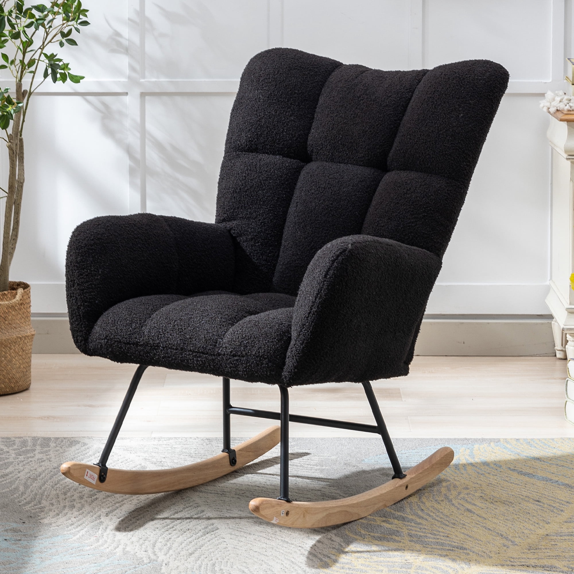 Leumius Rocking Chair Nursery,Teddy Upholstered Glider Rocker with High Backrest,Modern Rocking Accent Chairs Glider Recliner for Living Room, Nursery, Bedroom,Black