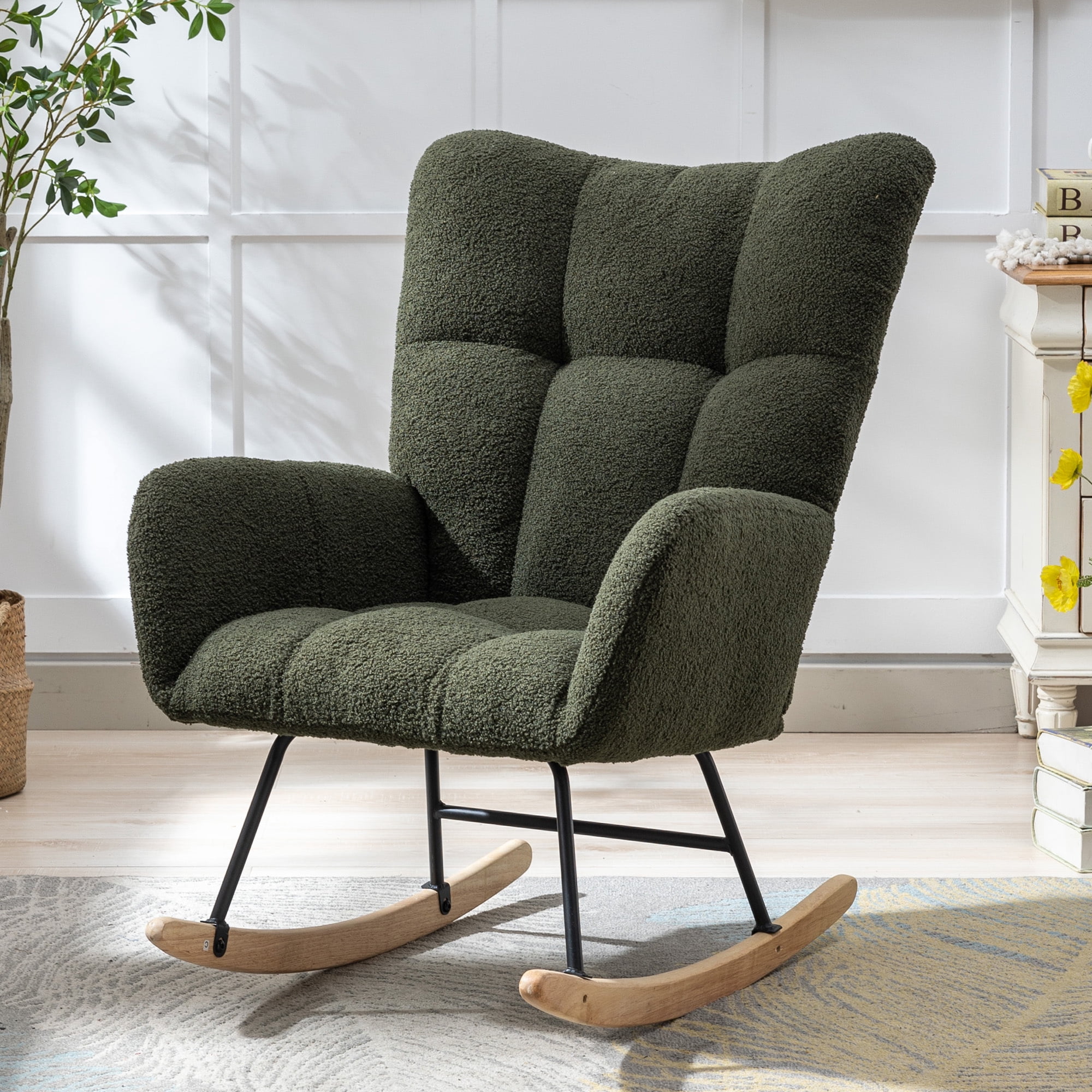 Leumius Rocking Chair Nursery,Teddy Upholstered Glider Rocker with High Backrest,Modern Rocking Accent Chairs Glider Recliner for Living Room, Nursery, Bedroom,Dark Green