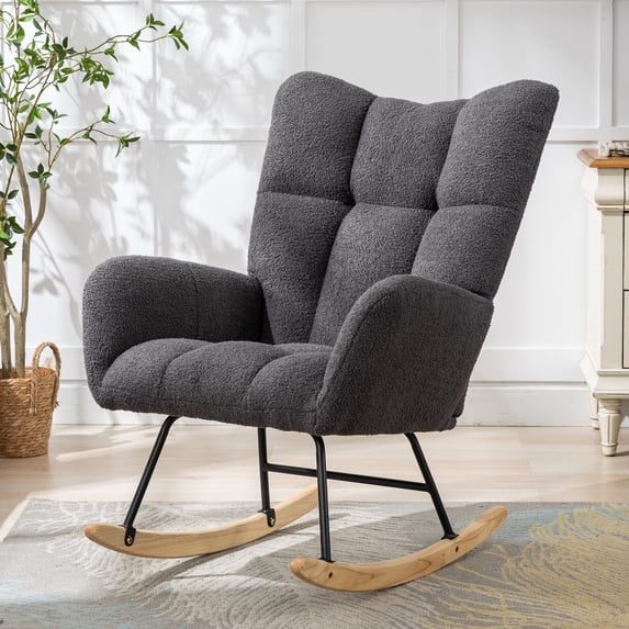 Leumius Rocking Chair Nursery,Teddy Upholstered Glider Rocker with High Backrest,Modern Rocking Accent Chairs Glider Recliner for Living Room, Nursery, Bedroom,Gray