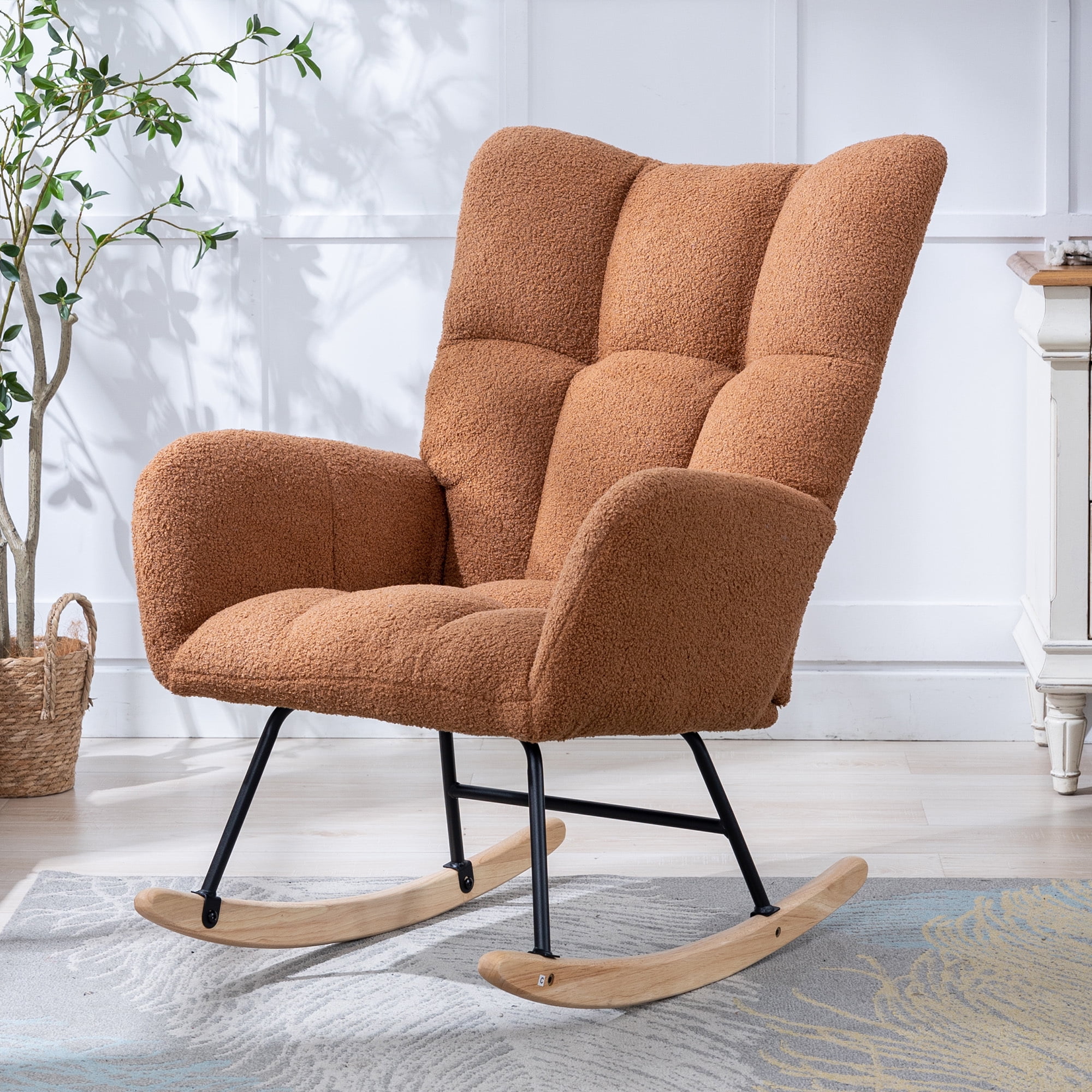 Leumius Rocking Chair Nursery,Teddy Upholstered Glider Rocker with High Backrest,Modern Rocking Accent Chairs Glider Recliner for Living Room, Nursery, Bedroom,Brown