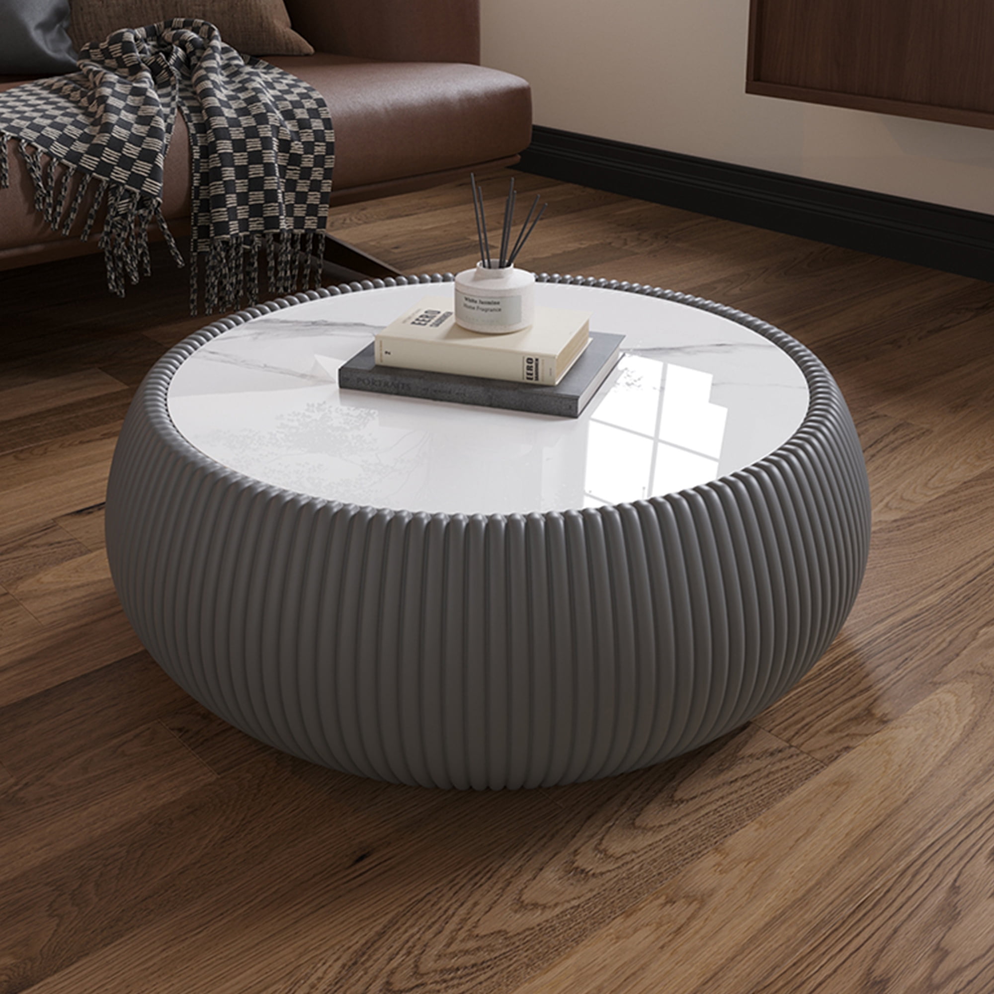 Leumius Round Coffee Table,Cylinder Shape Leather Coffee Modern Sofa Table for Living Room, Bedroom and Outdoor Home Decor Grey
