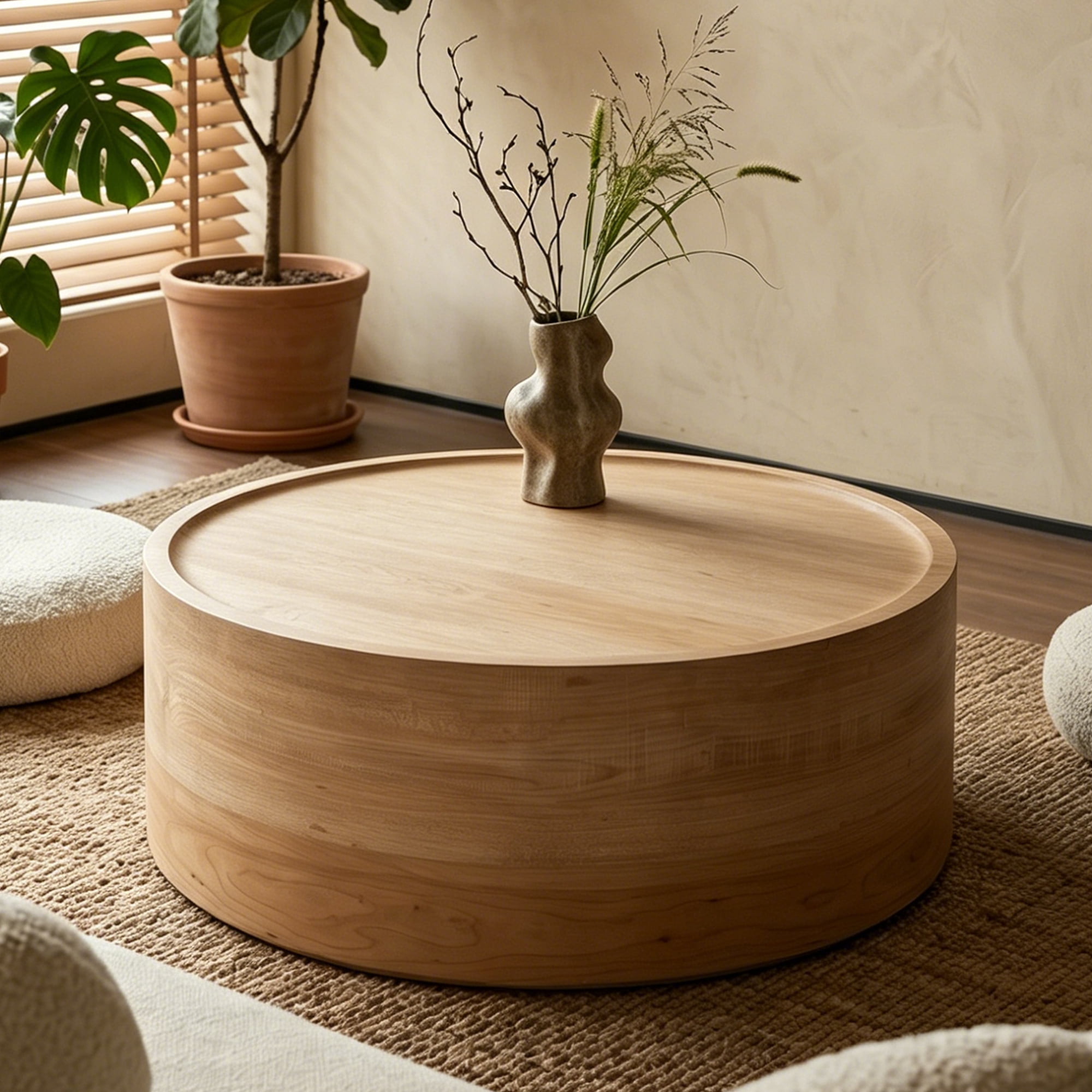 Leumius Round Coffee Table with Natural Wood Grain, Modern Drum Circle Coffee Table for Living Room Bedroom, No Need Assembly Natural 2