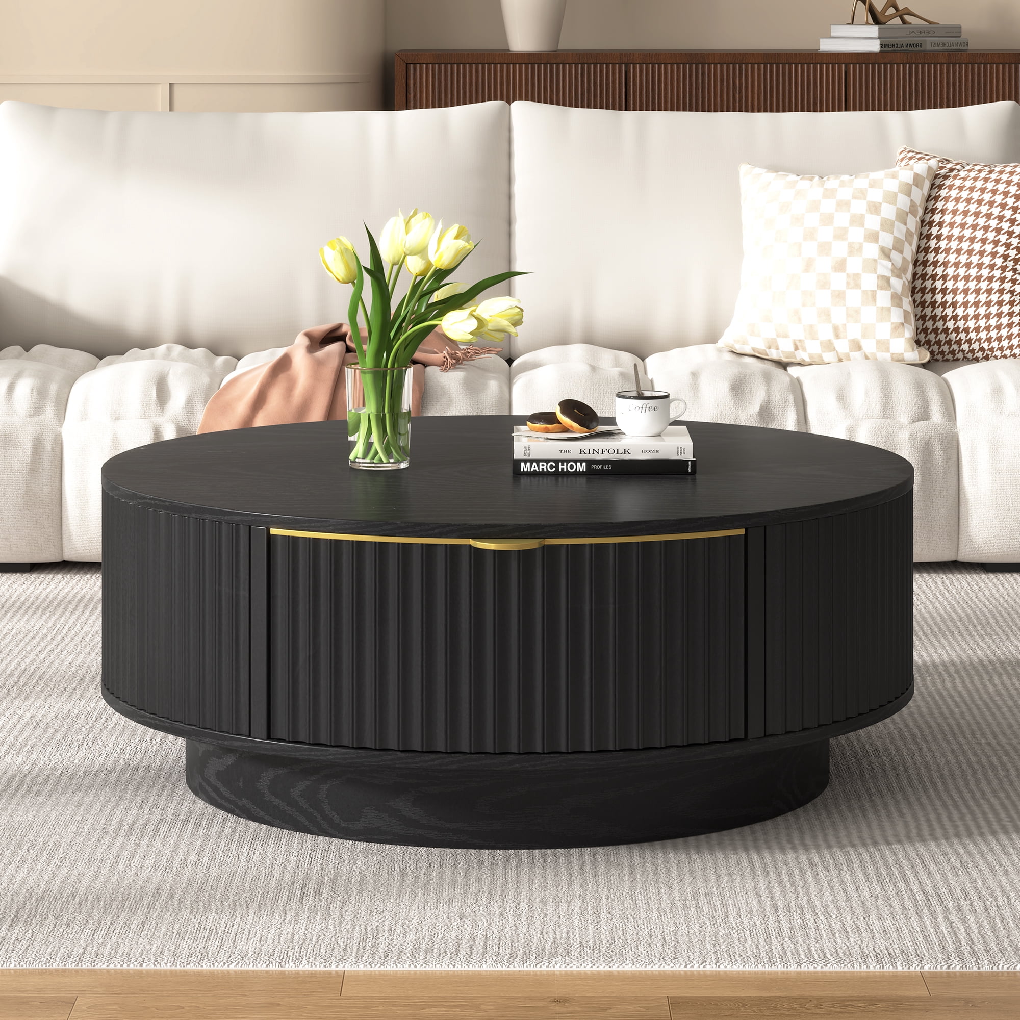 Leumius Round Coffee Table with Storage Drawer, Modern Fluted Coffee Table with Golden Handle, Wood Center Table for Living Room Black