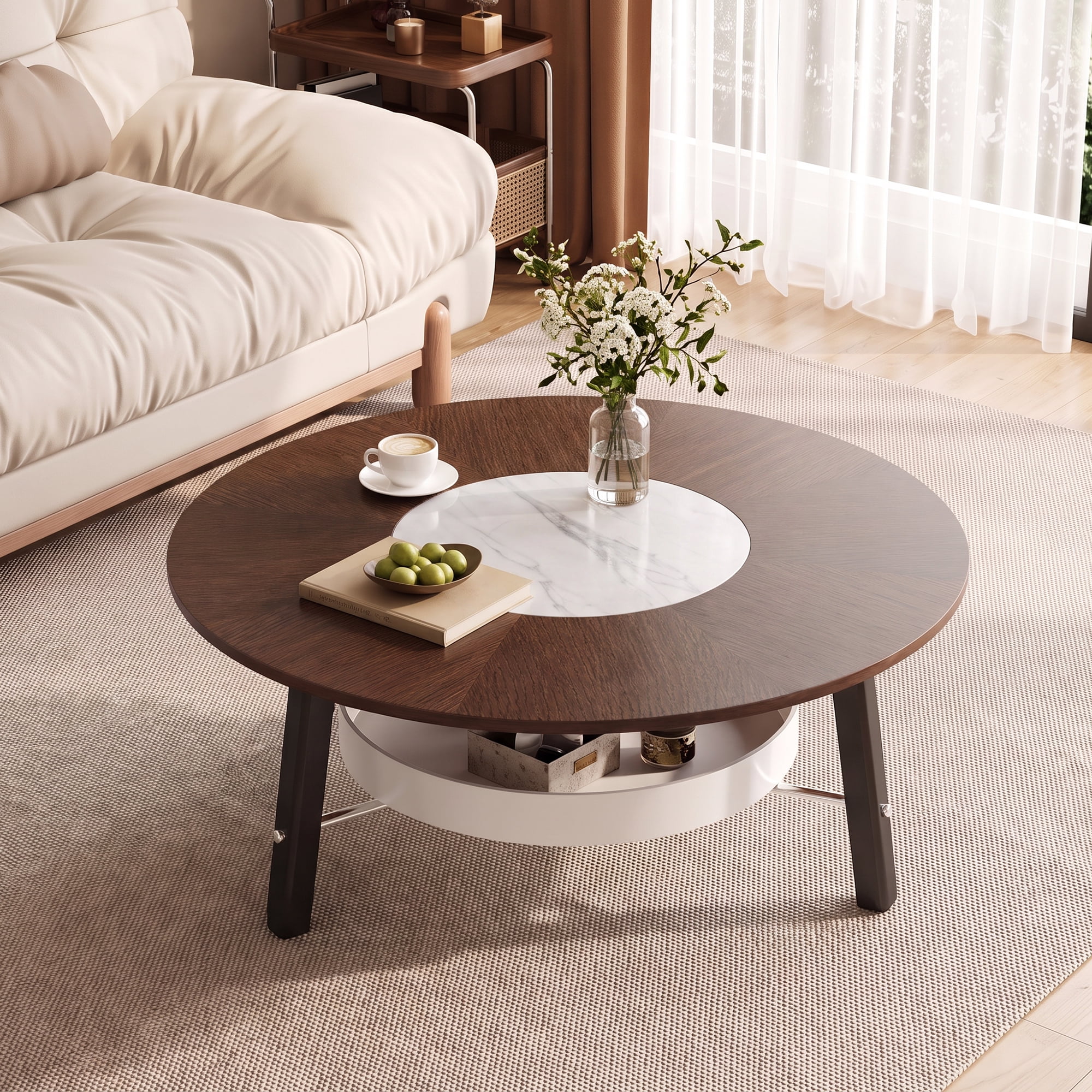 Leumius Round Coffee Table with Storage Shelf, Modern Minimalist Center Table for Living Room Walnut+White