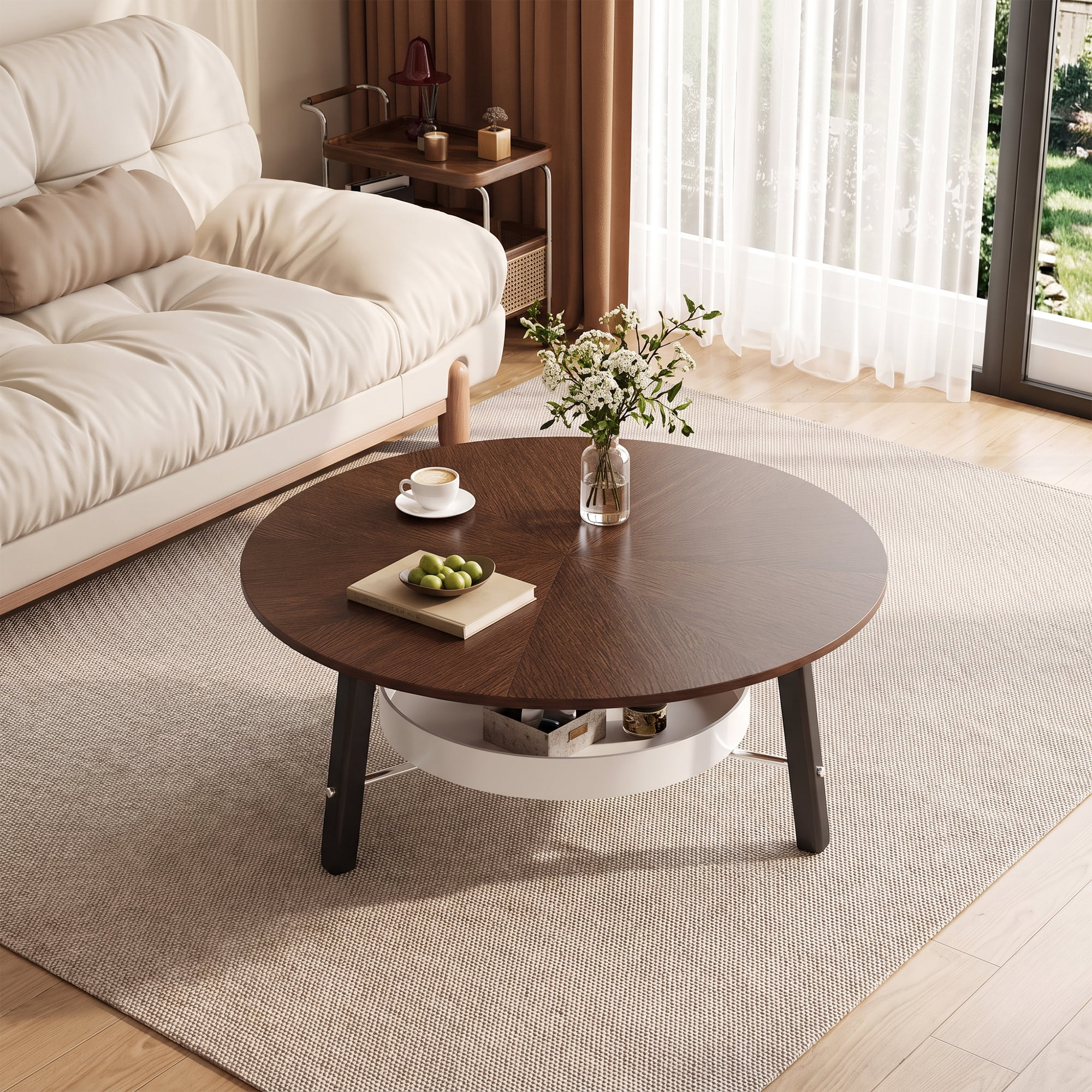 Leumius Round Coffee Table with Storage Shelf, Modern Minimalist Center Table for Living Room Walnut