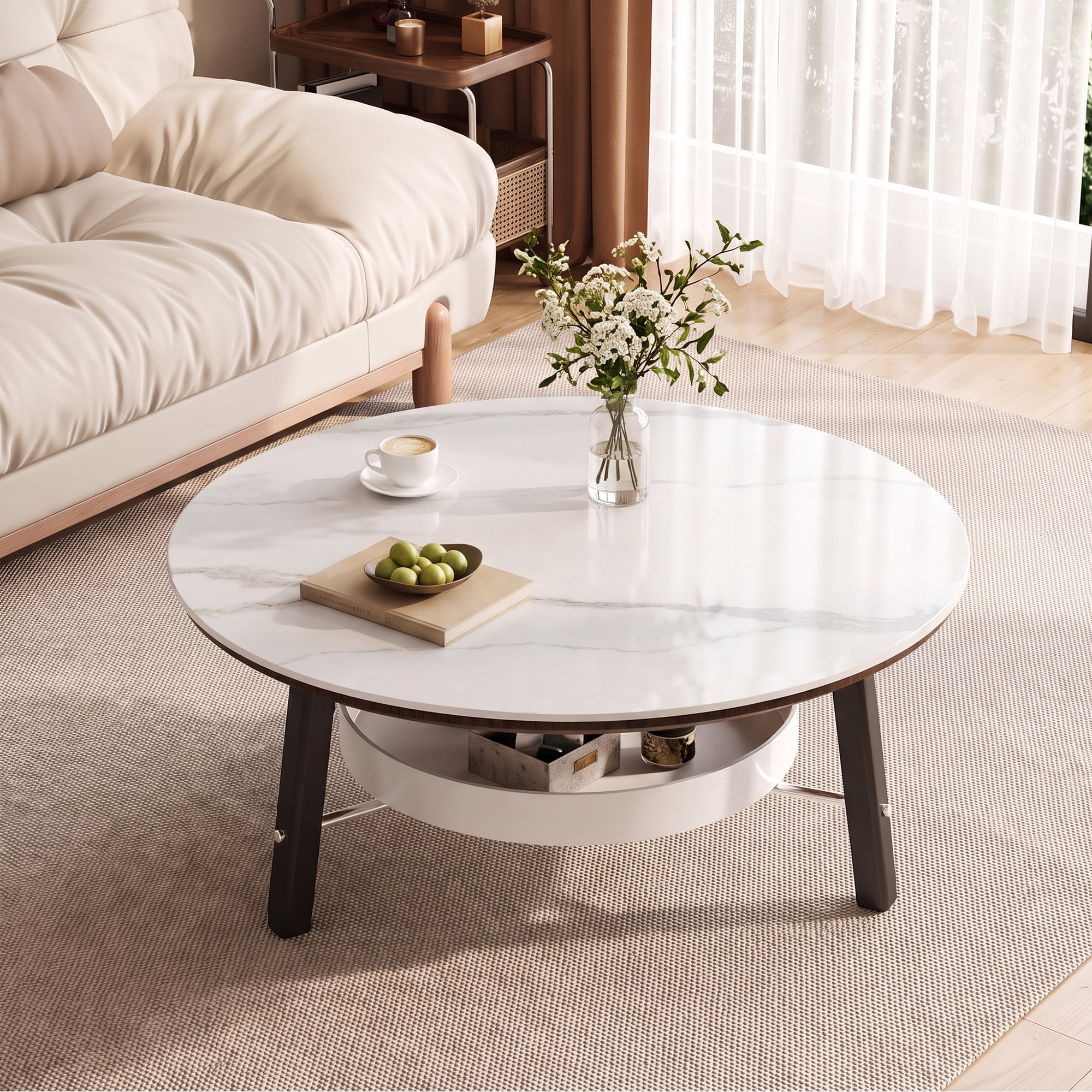 Leumius Round Coffee Table with Storage Shelf, Modern Minimalist Center Table for Living Room White