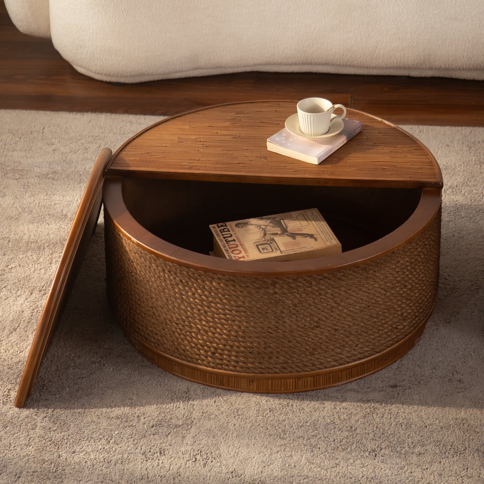 Leumius Round Rattan Coffee Table with Lift-Off Lid Storage, Hand-Woven Hemp Rope Trim, Boho-Chic Style for Cozy Living Rooms & Compact Spaces Natural 1
