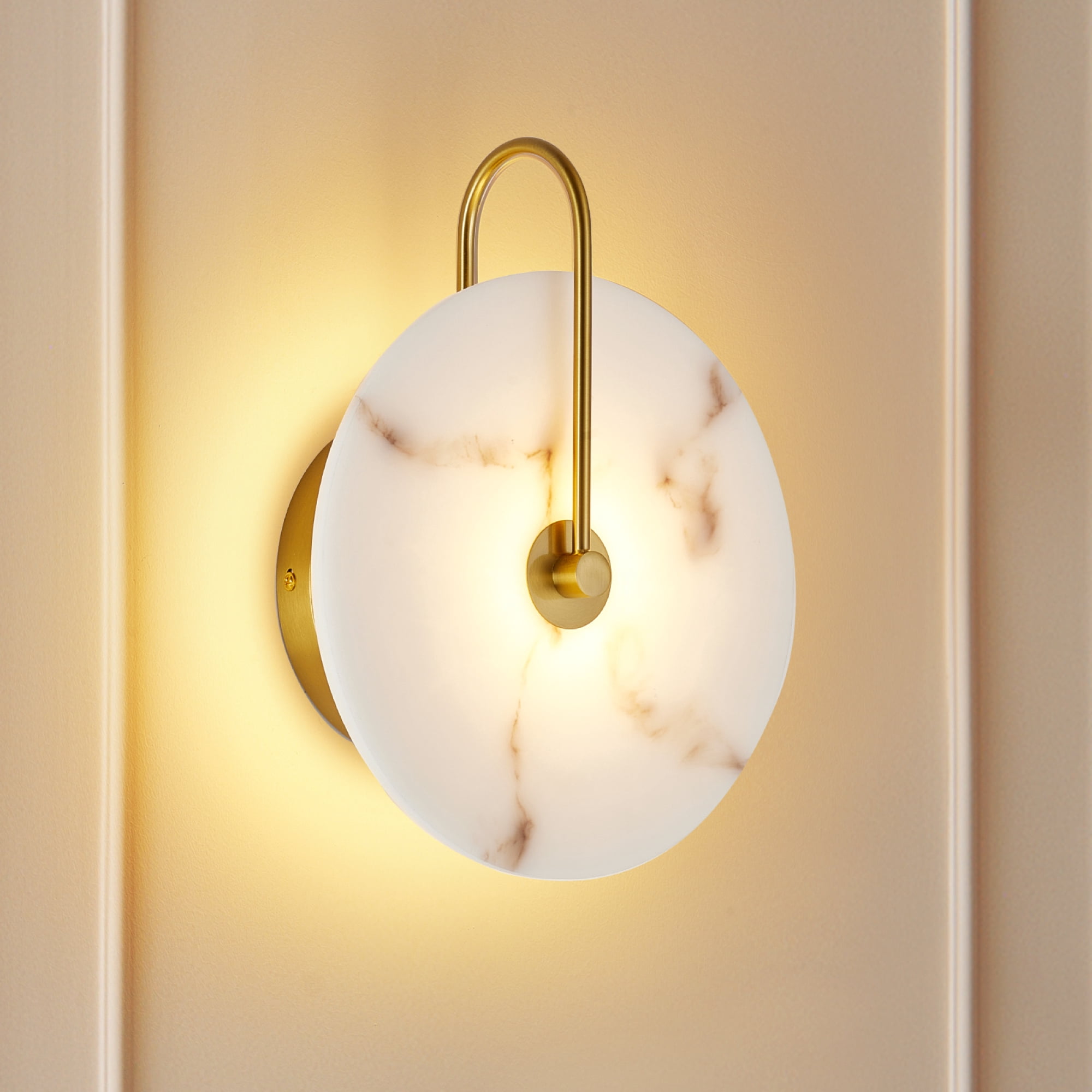 Leumius Round Wall Sconce, Natural Marble Lampshade Wall Sconce, Hardwired Circular Sconce LED Modern Wall Lamp for Bedroom, Stairs, Living Room, Bedside, Hallway