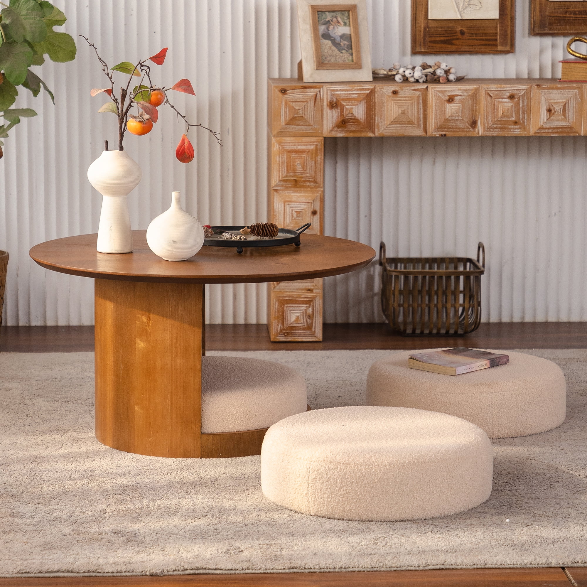 Leumius Round Wood Coffee Table with 3 Teddy Fabric Nesting Stools, Farmhouse Multifunctional Center Table Set with Hidden Storage for Living Room