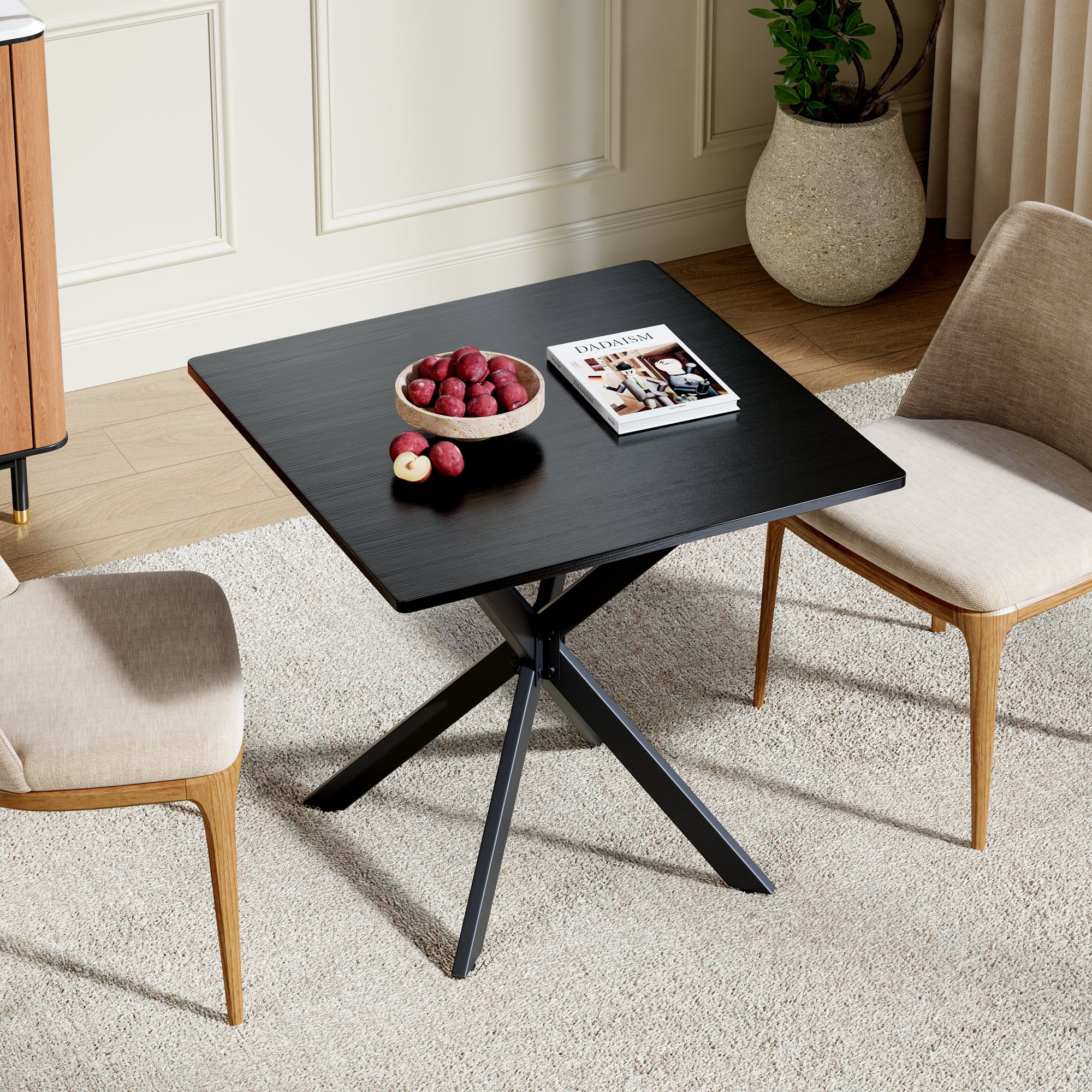 Leumius Rustic Square Side Table, X-Frame Metal Legs with Wood Grain Tabletop, Industrial Accent End Table for Living Room Bedroom Home Office Balck