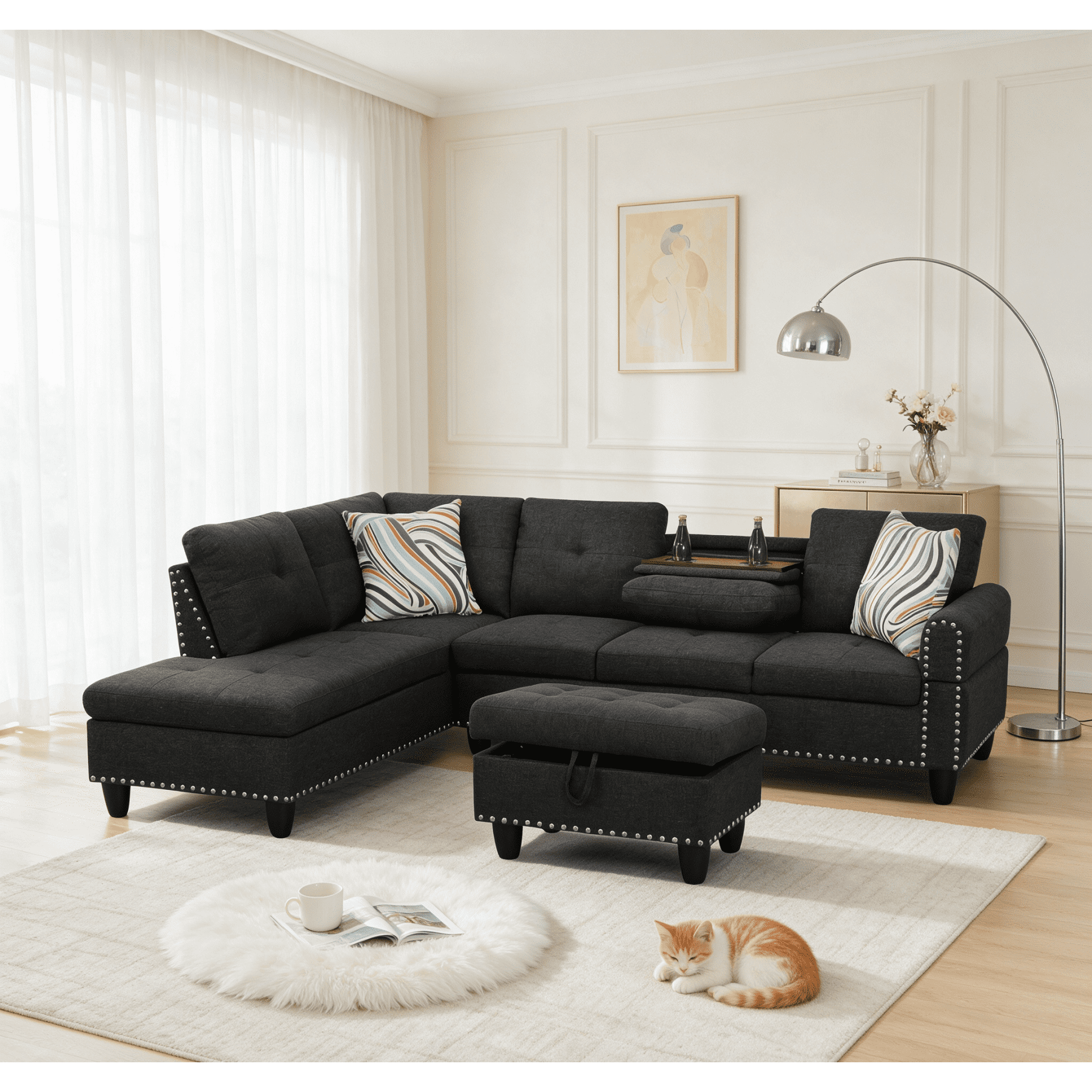 Leumius Sectional Sofa Couches for Living Room,98" L Shaped Couch Modern 4-Seater with Chaise Lounge,Ottoman and 2 Pillows,Cup Holder,Upholstered Fabric Sectional Couch for Living Room,Black