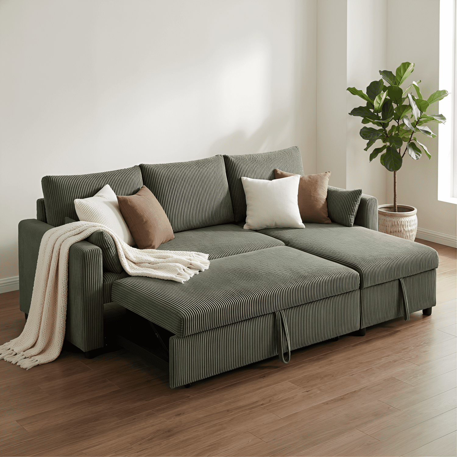 Leumius Sectional Sofa with Pull Out Sofa Bed,L Shaped Corduroy Sofa Couch with Storage Chaise,3 Seater Convertible Sectional Couch for Small Living Room, Apartment, Office,Olive Drab