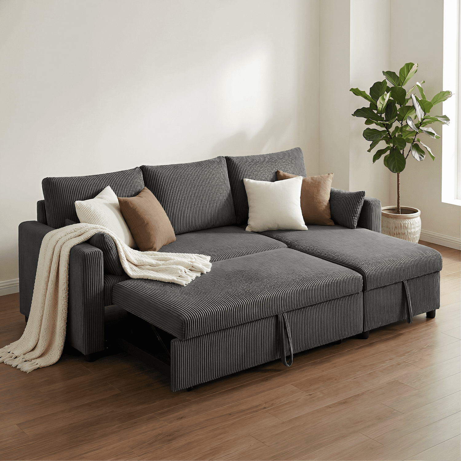 Leumius Sectional Sofa with Pull Out Sofa Bed,L Shaped Corduroy Sofa Couch with Storage Chaise,3 Seater Convertible Sectional Couch for Small Living Room, Apartment, Office,Dark Gray