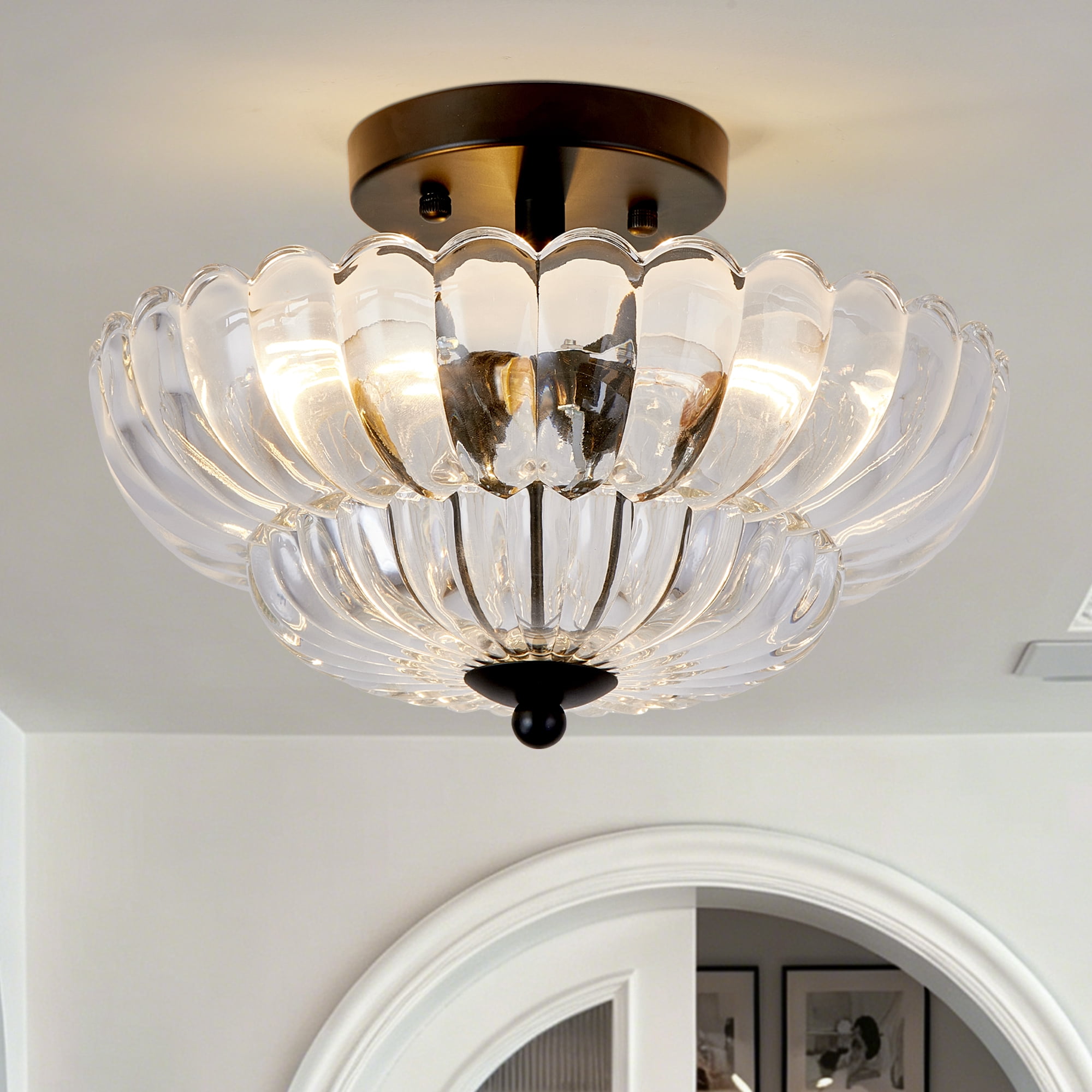Leumius Semi Flush Mount Ceiling Light, 3-Light Close to Ceiling Light Fixtures with Flower Glass, Vintage Ceiling Lights for Hallway Living Room Kitchen Bedroom Bathroom, Clear+Black