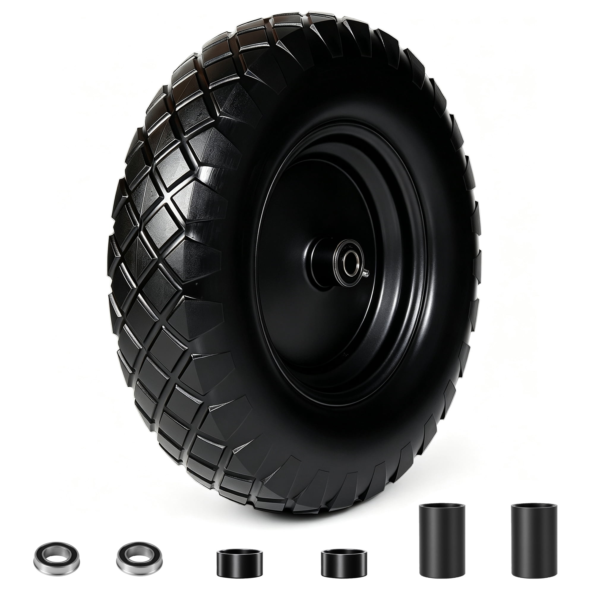 Leumius Set of 1 4.80/4.00-8 Flat-Free Solid Wheelbarrow Tire and Wheel, 16" Solid Tire with 5/8" & 3/4" Bearings, 3" Hub for Hand Truck, Garden Cart, Trailer, Trolley, Wagon