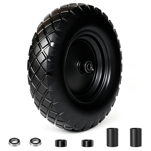Leumius Set of 1 4.80/4.00-8 Flat-Free Solid Wheelbarrow Tire and Wheel, 16" Solid Tire with 5/8" & 3/4" Bearings, 3" Hub for Hand Truck, Garden Cart, Trailer, Trolley, Wagon