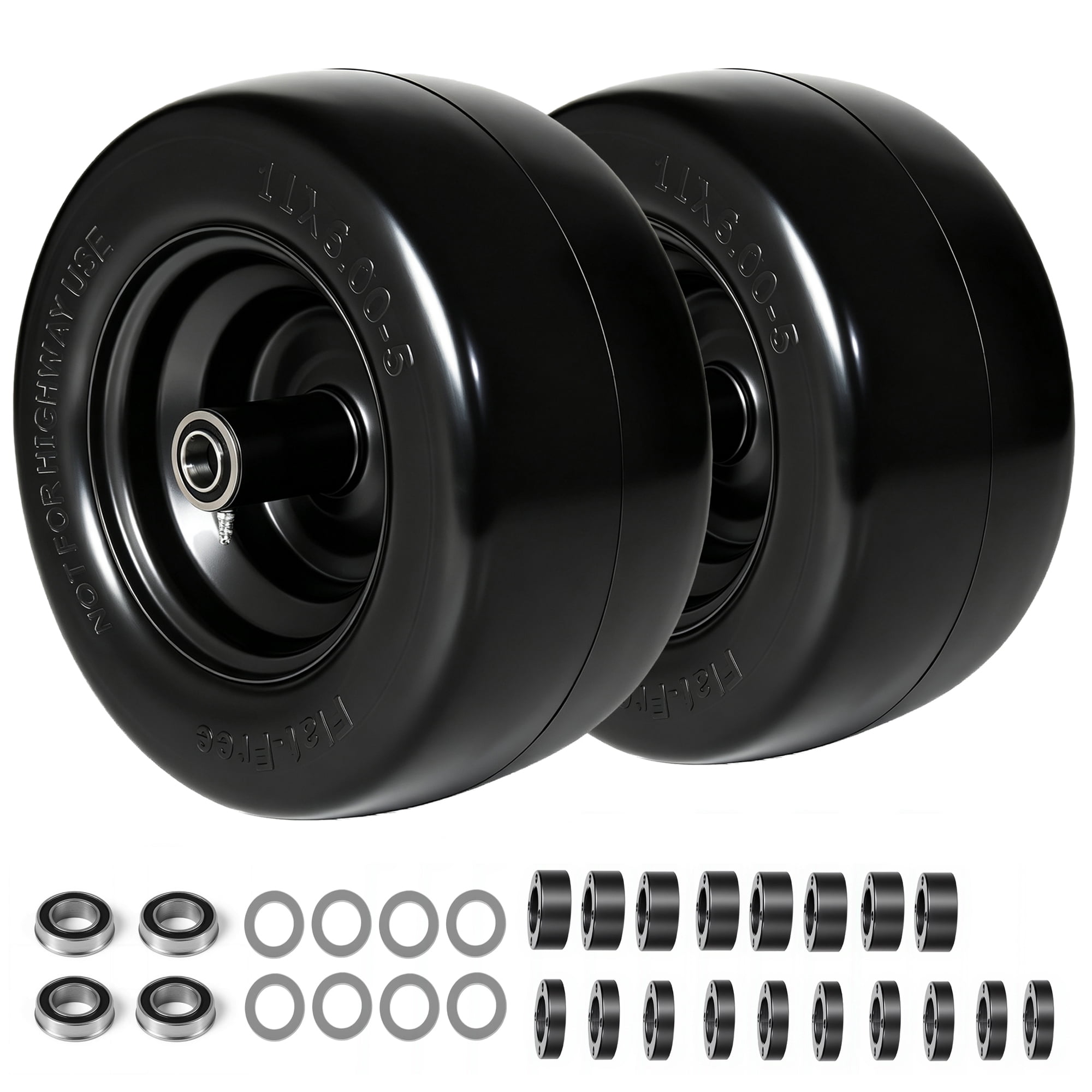 Leumius Set of 2 11x6.00-5 Smooth Tire and Wheel, 11x6-5 Solid Rubbe Riding Lawn Mower Tire with Rim, 3/4" Bearing, 5.8" Centered Hub, Smooth Tread Solid Tire for Zero Turn Mowers