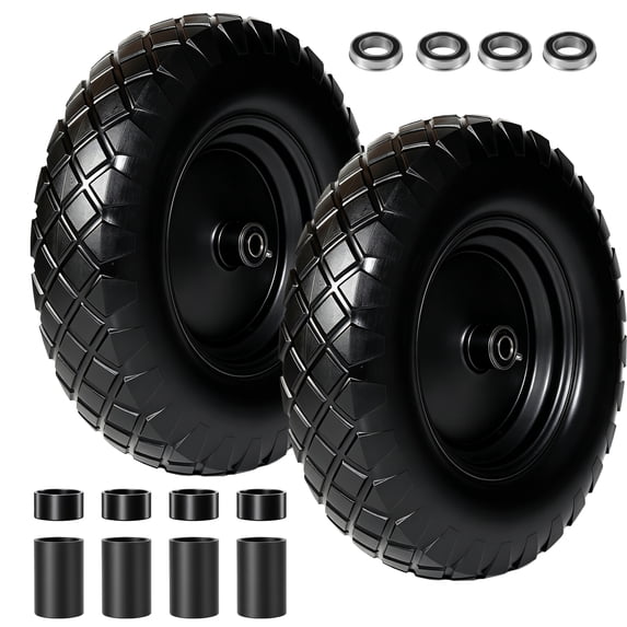 Leumius Set of 2 4.80/4.00-8 Flat-Free Solid Wheelbarrow Tire and Wheel, 16" Solid Tire with 5/8" & 3/4" Bearings, 3" Hub for Hand Truck, Garden Cart, Trailer, Trolley, Wagon