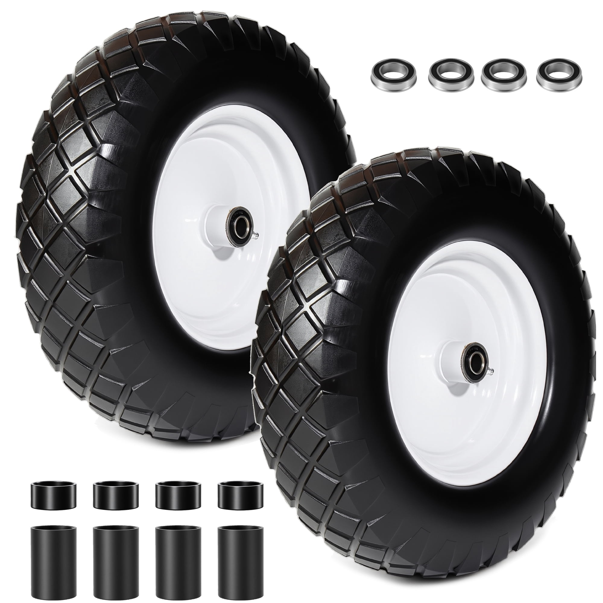 Leumius Set of 2 4.80/4.00-8 Flat-Free Solid Wheelbarrow Tire and Wheel, 16" Solid Tire with 5/8" & 3/4" Bearings, 3" Hub for Hand Truck Garden Cart Trailer Trolley Wagon
