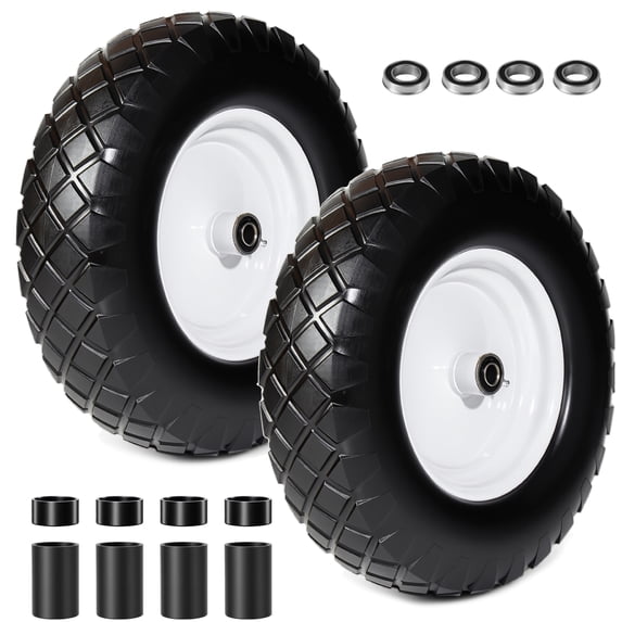 Leumius Set of 2 4.80/4.00-8 Flat-Free Solid Wheelbarrow Tire and Wheel, 16" Solid Tire with 5/8" & 3/4" Bearings, 3" Hub for Hand Truck Garden Cart Trailer Trolley Wagon
