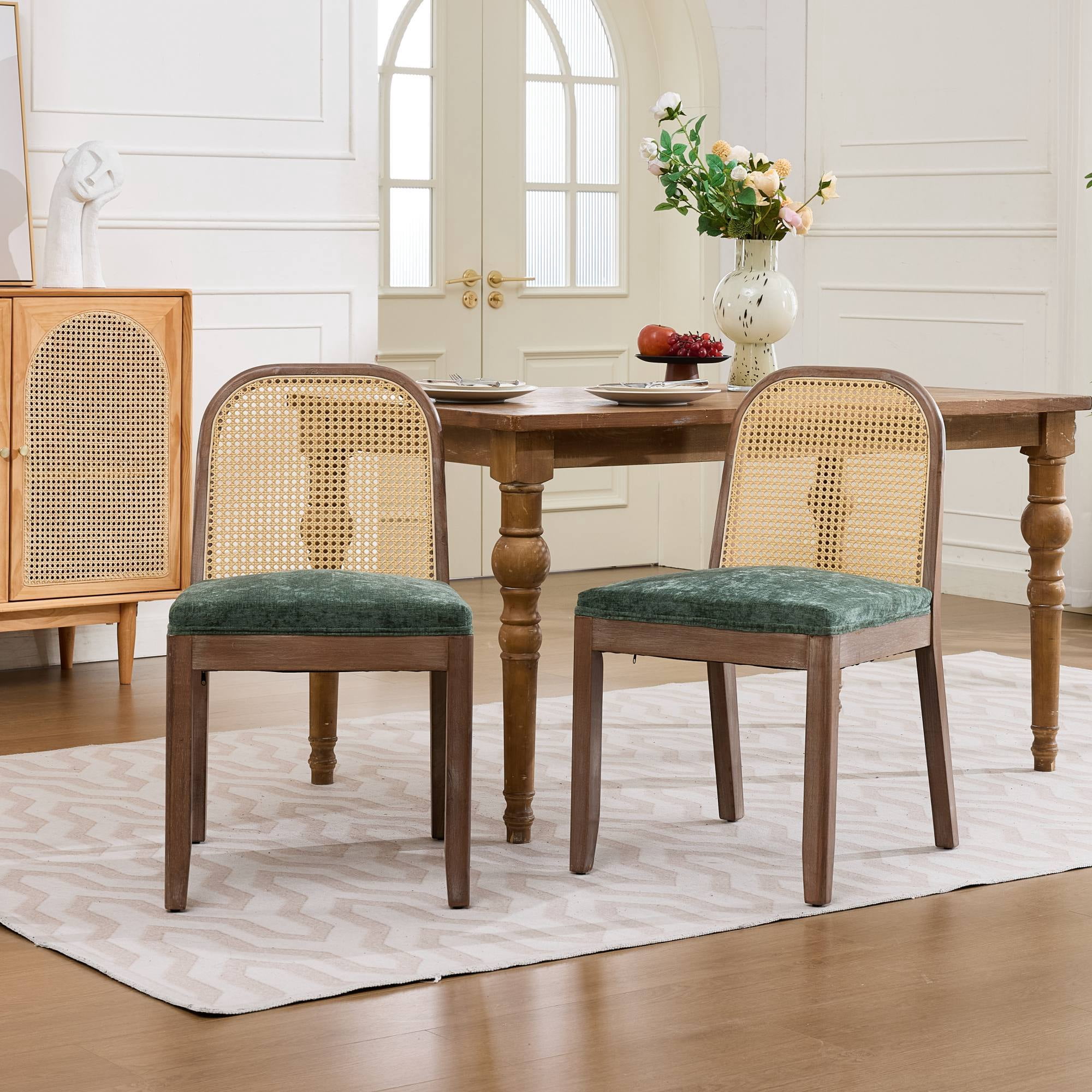 Leumius Set of 2 Curved Arched Cane Back Dining Chairs, Mid Century Farmhouse Side Chairs, Chenille Cushion with S-Spring and Sponge, Armless Accent Chairs for Kitchen Dining Room Olive Green