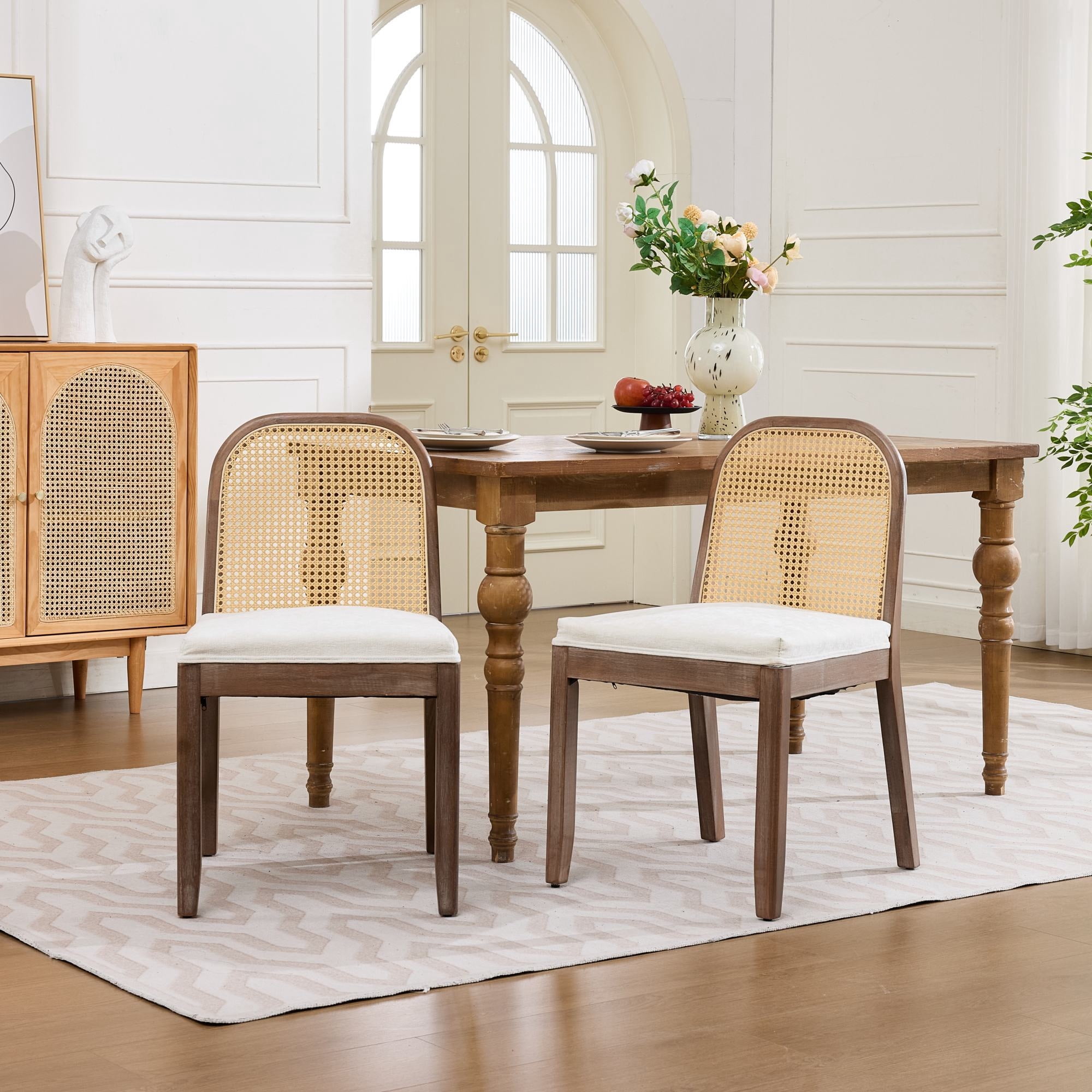 Leumius Set of 2 Curved Arched Cane Back Dining Chairs, Mid Century Farmhouse Side Chairs, Chenille Cushion with S-Spring and Sponge, Armless Accent Chairs for Kitchen Dining Room Beige