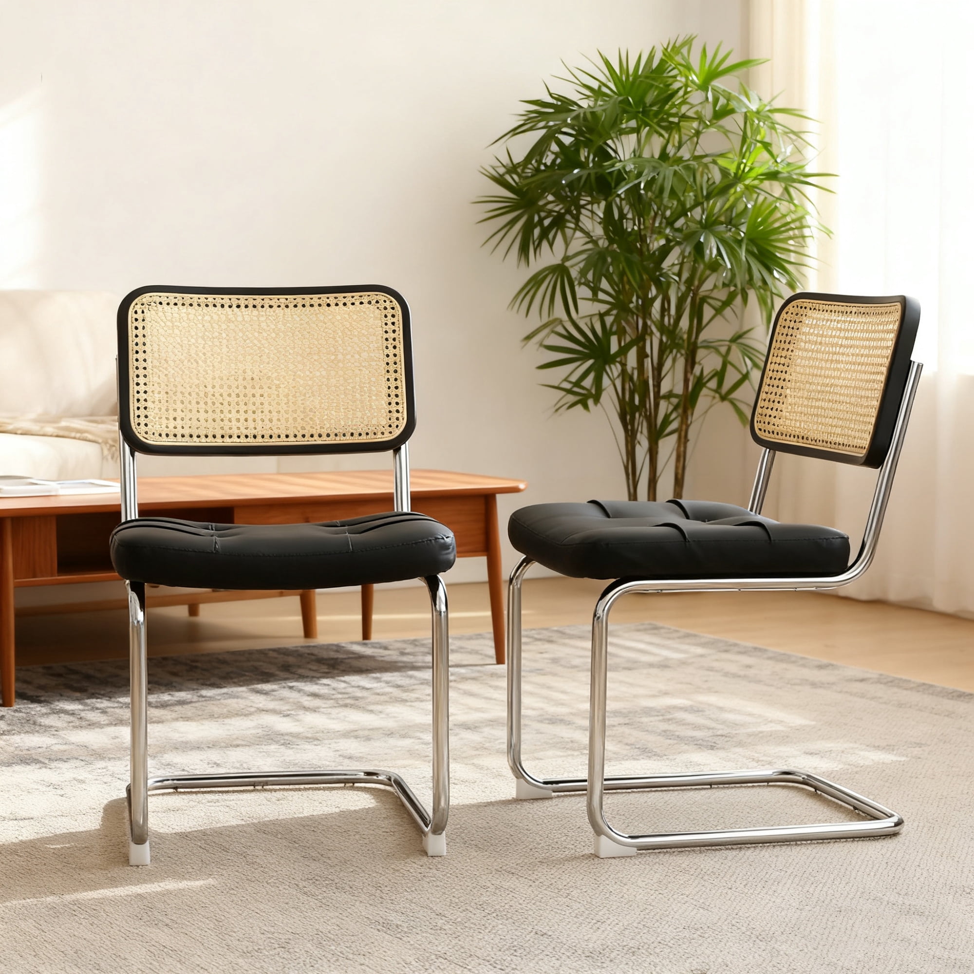 Leumius Set of 2 Dining Chairs, Faux Leather Rattan Side Accent Chairs with Chrome Legs, Modern Mid Century Breuer Designed Chairs for Dining Living Room Kitchen (Black)