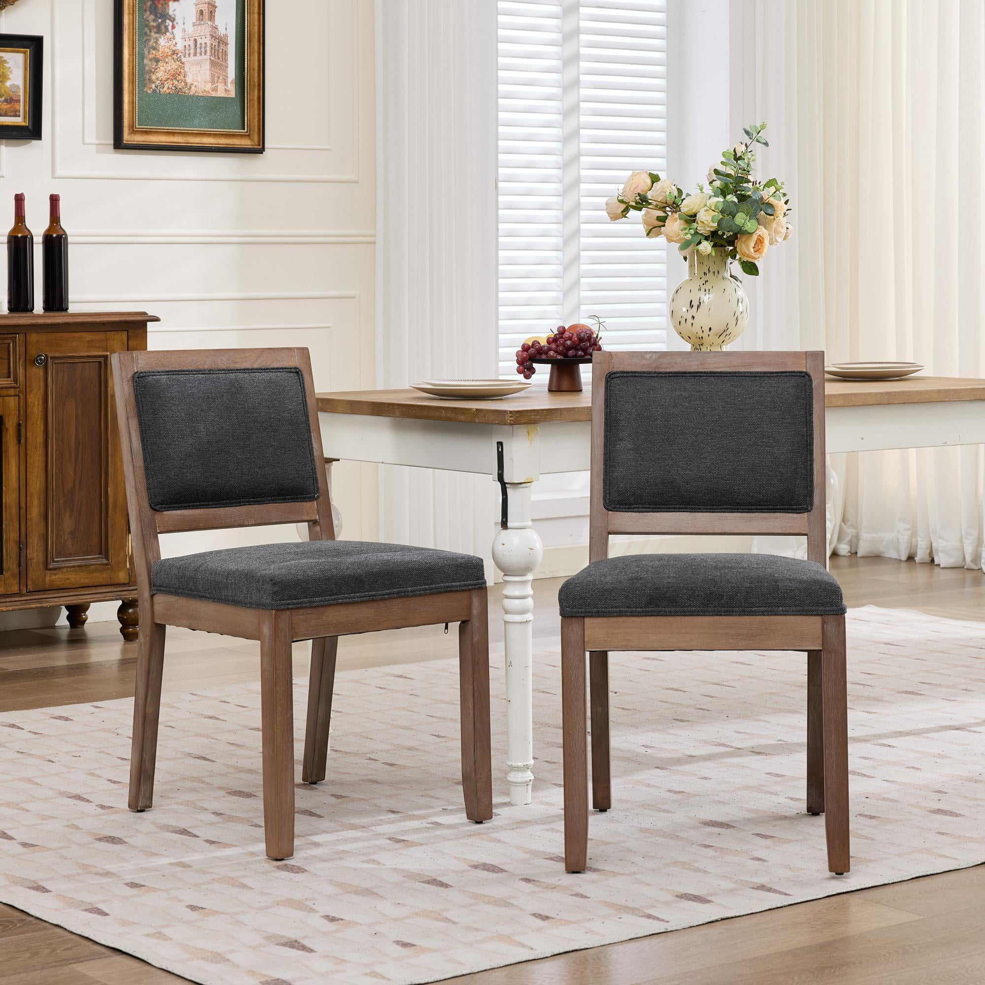 Leumius Set of 2 Farmhouse Fabric Upholstered Dining Chairs, Cushioned Fabric Seat Solid Hardwood Frame Chairs for Kitchen, Dining Room & Breakfast Nook,Gray