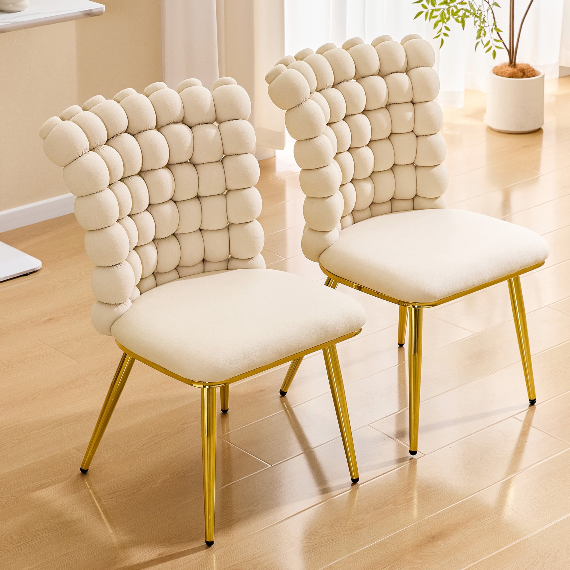 Leumius Set of 2 Luxury Bubble Tufted Swivel Chair, Premium Velvet Upholstered Accent Chair with Gold Metal Frame, Ergonomic Space-Saving Desk Chair for Modern Interiors Beige