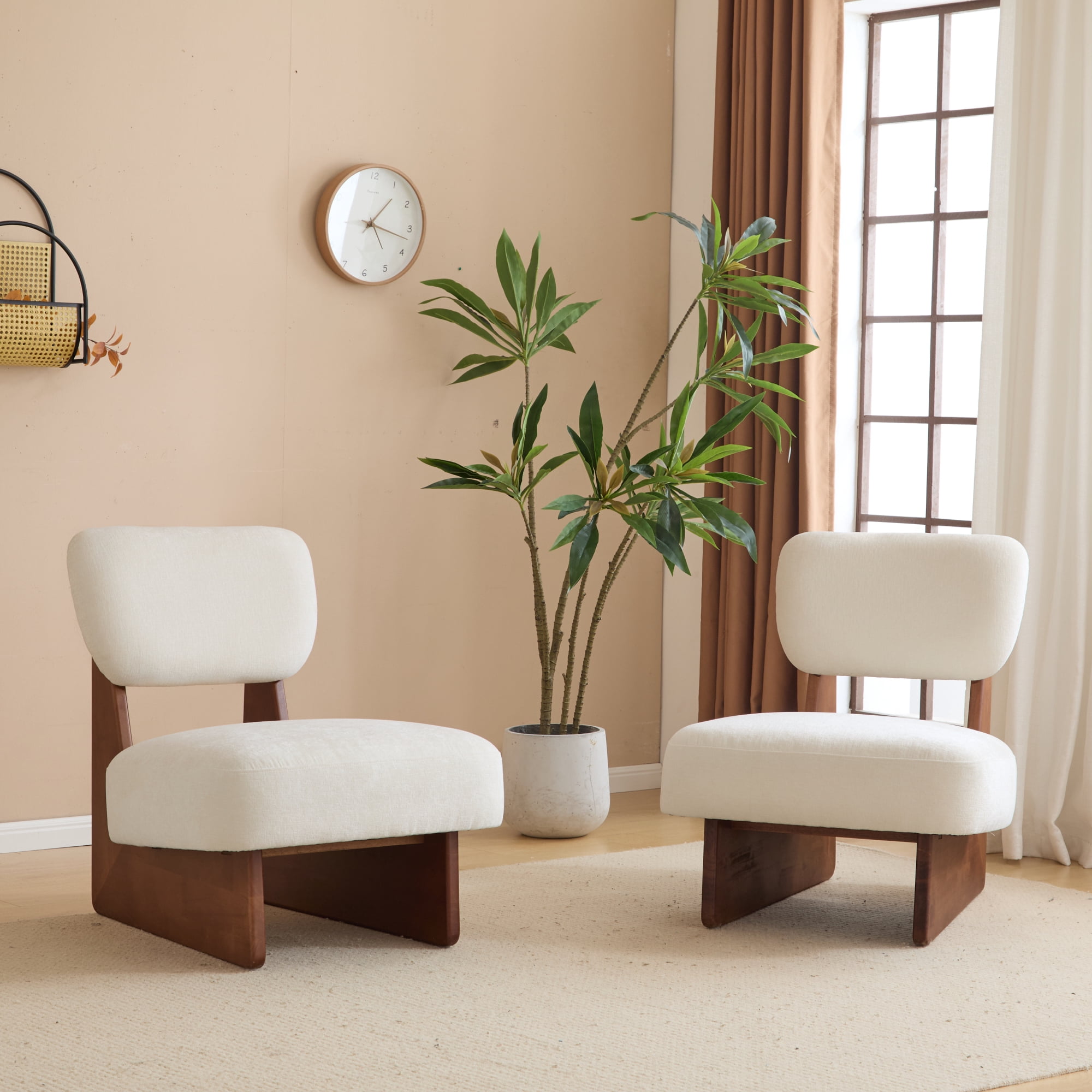Leumius Set of 2 Modern Lounge Chair with Polyester Upholstery, Sturdy Wood Base With Walnut Finish, Minimalist and Stylish Accent Seating for Living Room Bedroom Office Beige+Walnut