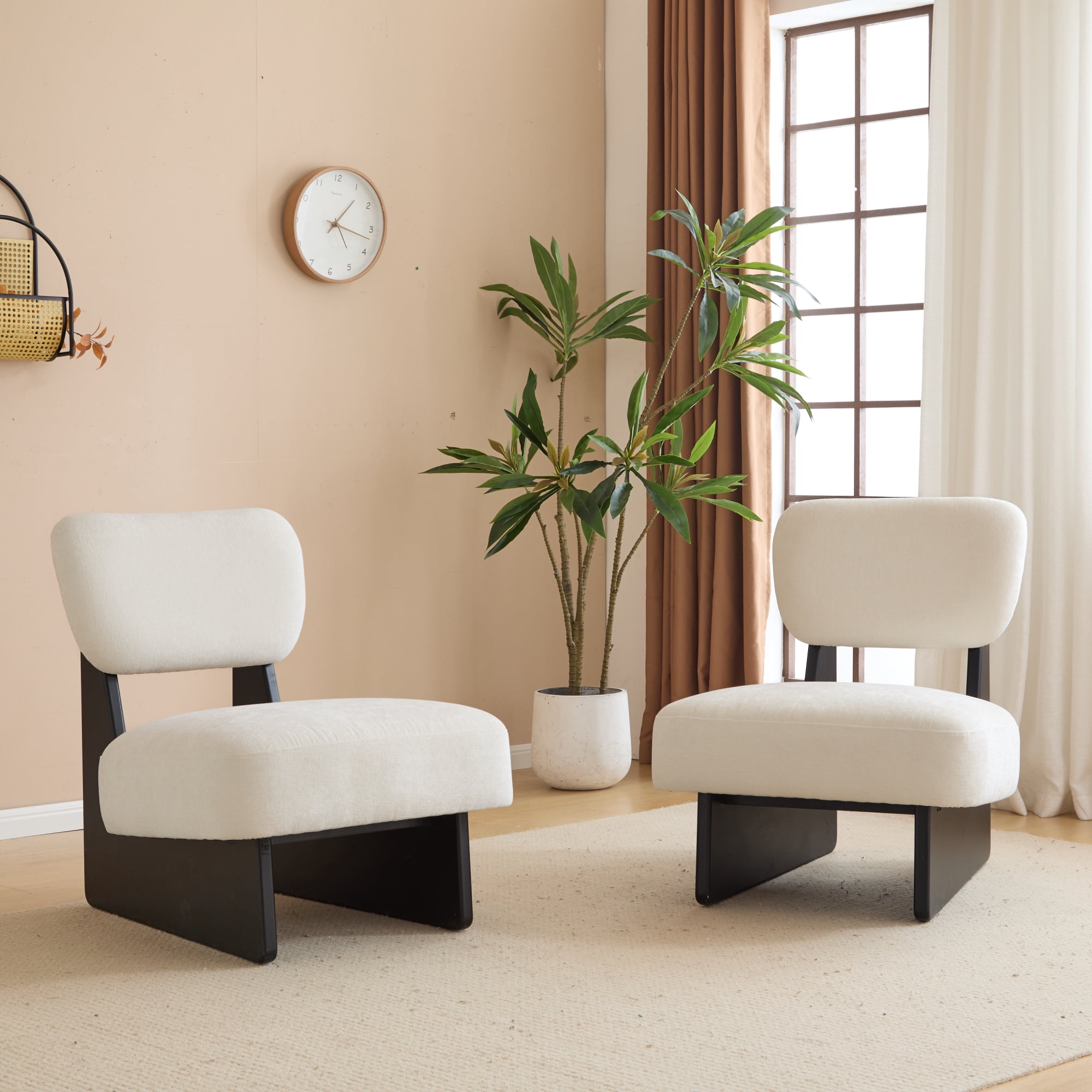 Leumius Set of 2 Modern Lounge Chair with Polyester Upholstery, Sturdy Wood Base With Walnut Finish, Minimalist and Stylish Accent Seating for Living Room Bedroom Office Beige+Black
