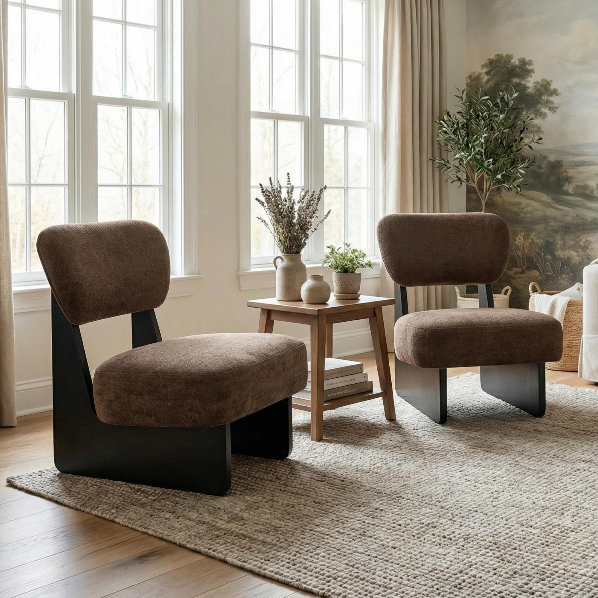 Leumius Set of 2 Modern Lounge Chair with Polyester Upholstery, Sturdy Wood Base With Walnut Finish, Minimalist and Stylish Accent Seating for Living Room Bedroom Office Black+Dark Brown