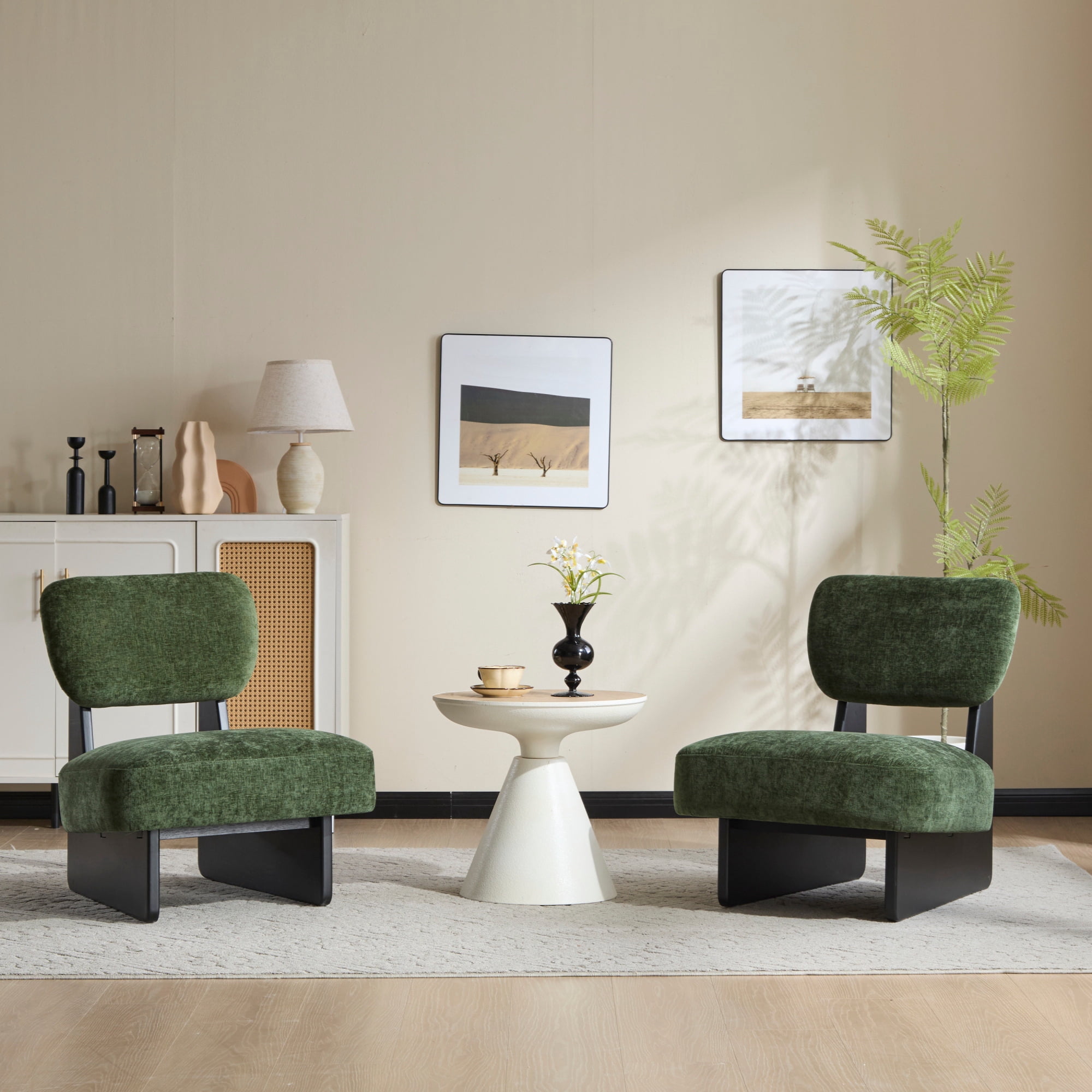 Leumius Set of 2 Modern Lounge Chair with Polyester Upholstery, Sturdy Wood Base With Walnut Finish, Minimalist and Stylish Accent Seating for Living Room Bedroom Office Black+Green