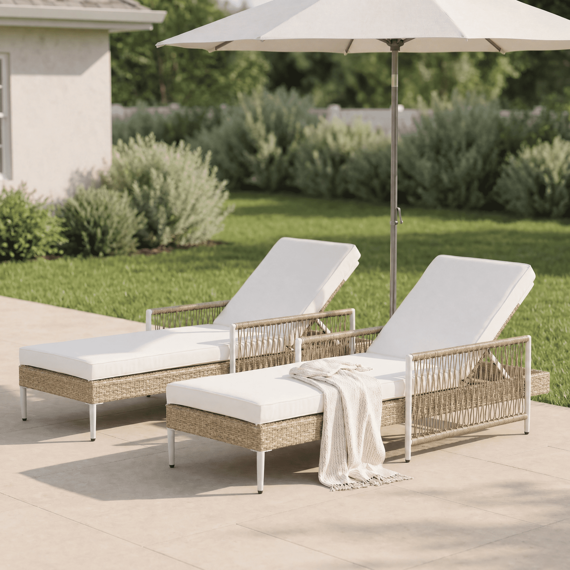 Leumius Set of 2 Outdoor Chaise Lounge, Minimalist All-Weather Patio Wicker Lounge Chair with 6 Gear Adjustable Recliner, Arms and Cushion for Poolside, Deck Beige