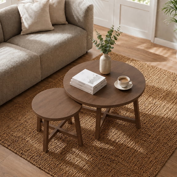 Leumius Set of 2 Round Nesting Coffee Tables, Walnut Tone Finish Modern Side Tables, X-Shaped Frame Stackable End Tables for Living Room, Bedroom, Balcony