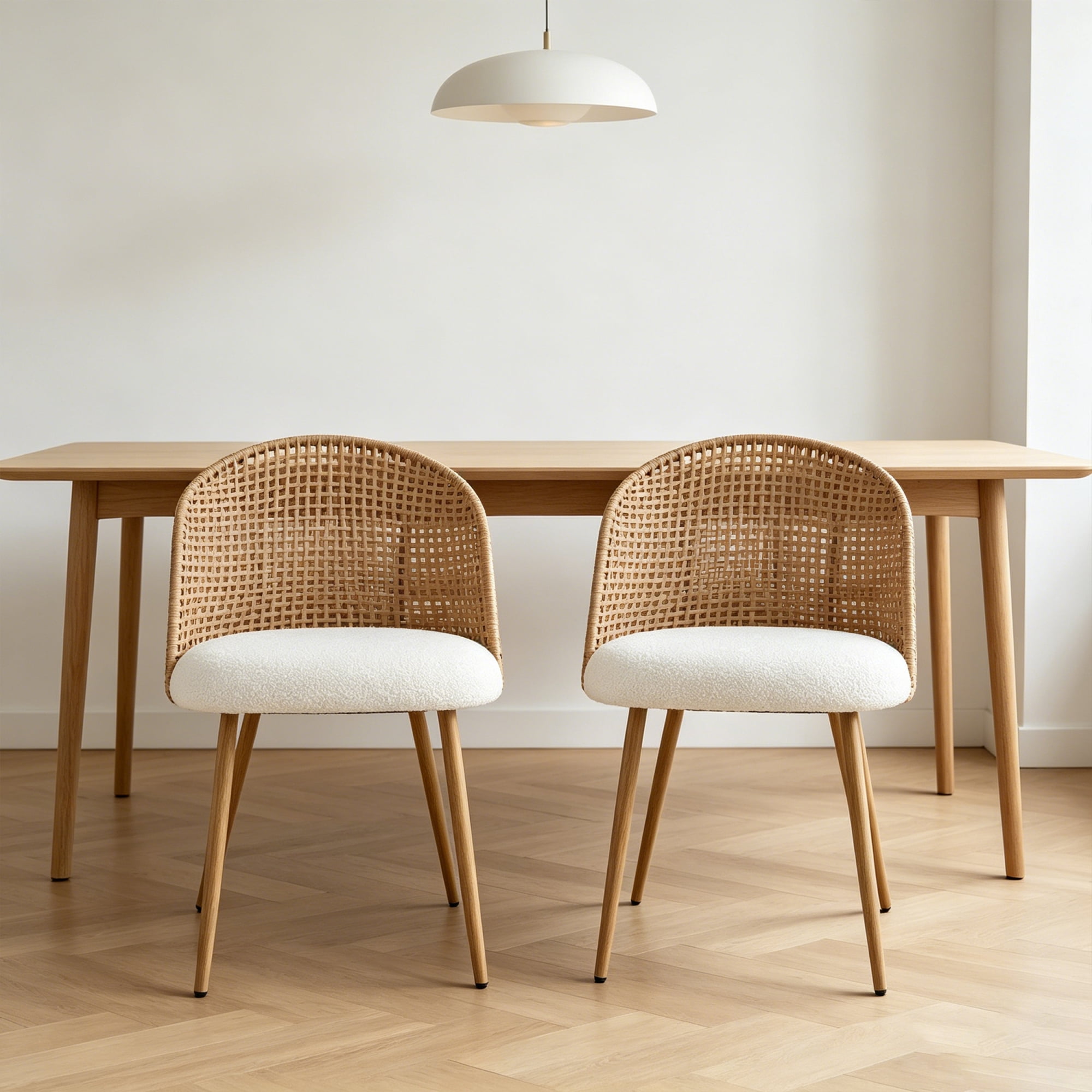 Leumius Set of 2 Wicker Dining Chairs, Farmhouse Soft Cushioned Cane Back Kitchen Chair, Sponge Cushion, Bohemian Style Dining Chair with Metal Legs for Home and Kitchen (Brown)