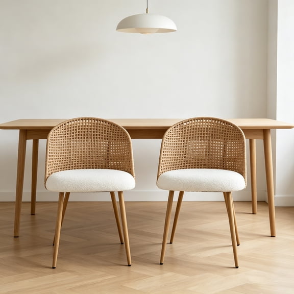 Leumius Set of 2 Wicker Dining Chairs, Farmhouse Soft Cushioned Cane Back Kitchen Chair, Sponge Cushion, Bohemian Style Dining Chair with Metal Legs for Home and Kitchen (Brown)