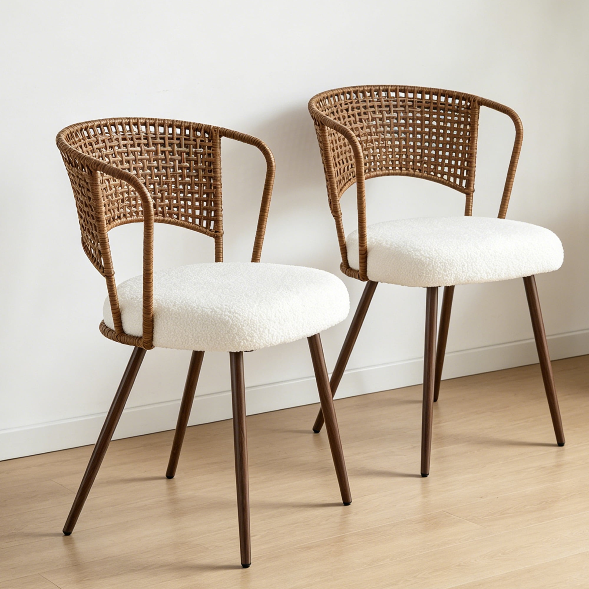 Leumius Set of 2 Wicker Dining Chairs, Farmhouse Soft Cushioned Cane Back Kitchen Chair, Sponge Cushion, Wing-Back Dining Chair with Metal Legs for Home and Kitchen (Dark Walnut)